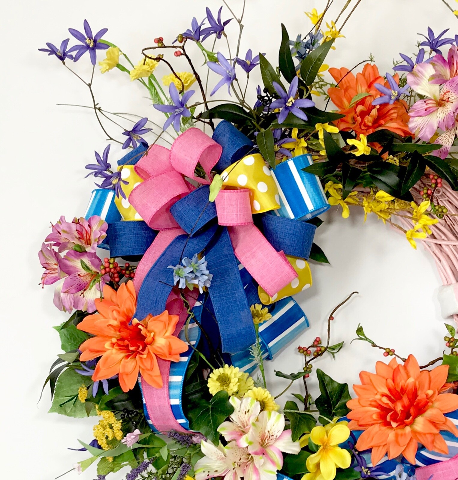 RAINBOW UNICORN PINK GRAPEVINE WREATH FRONT DOOR BRIGHT SUMMER FLOWERS DECOR NEW