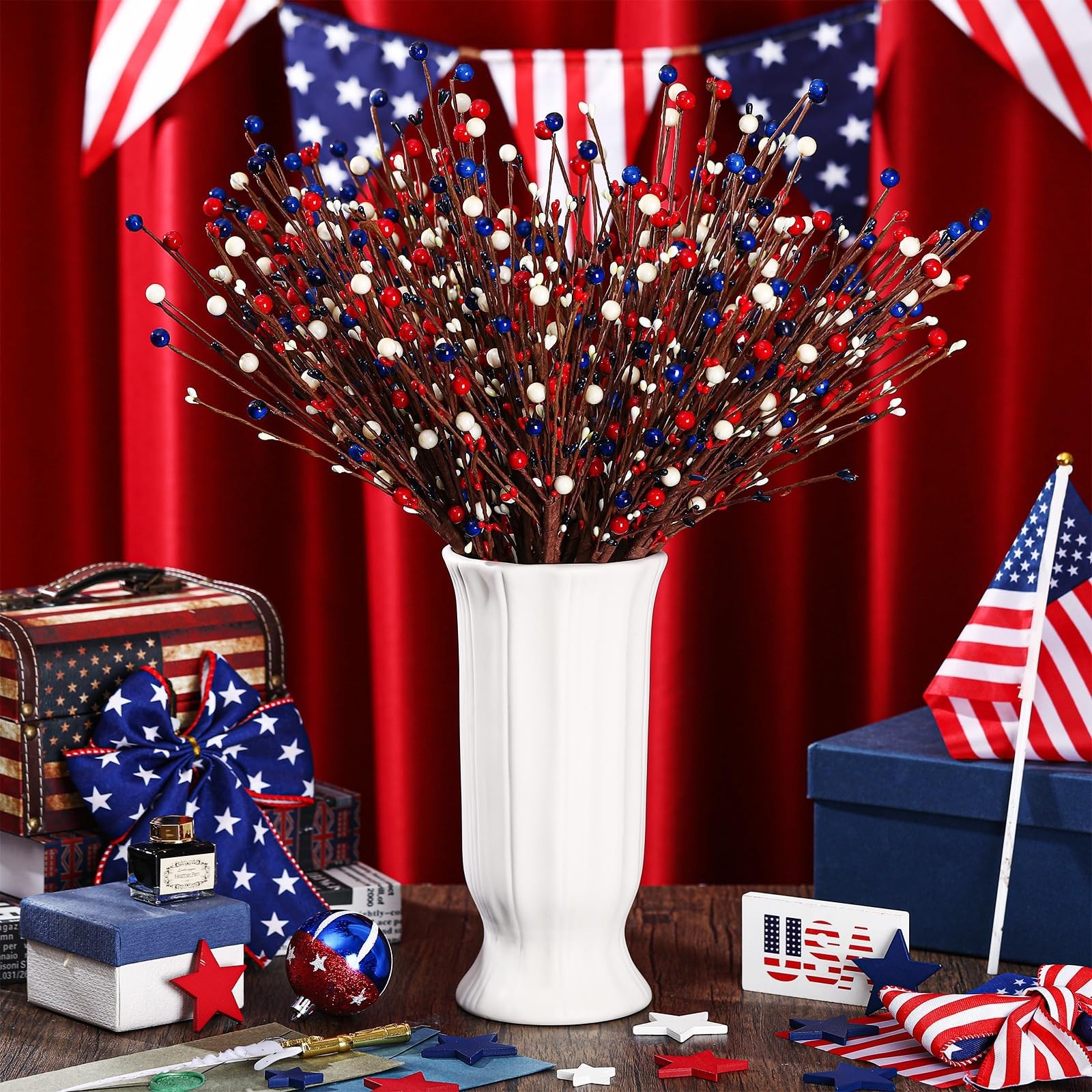 20 Pcs Patriotic Berry Stem Picks – Red White Blue Floral Decor for 4th of July