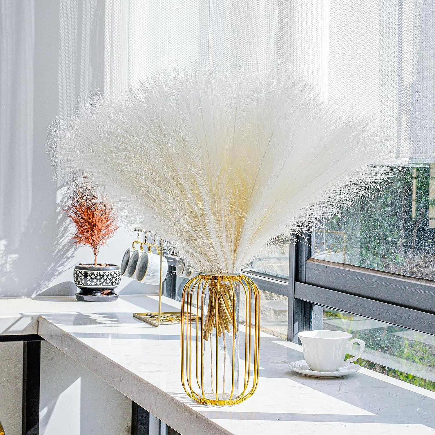 10 Stems White Pampas Grass Fluffy – 17.7″ Faux Pampas Grass Decor Small Pampas
