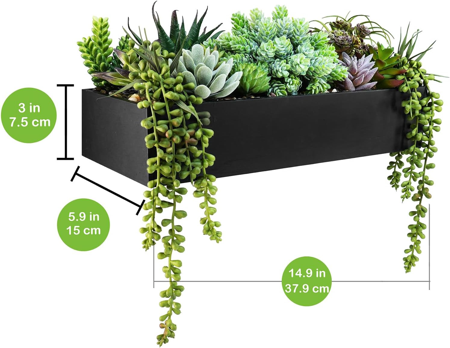 15″ Artificial Succulents Arrangement Faux Succulents in Rectangular Black Woode