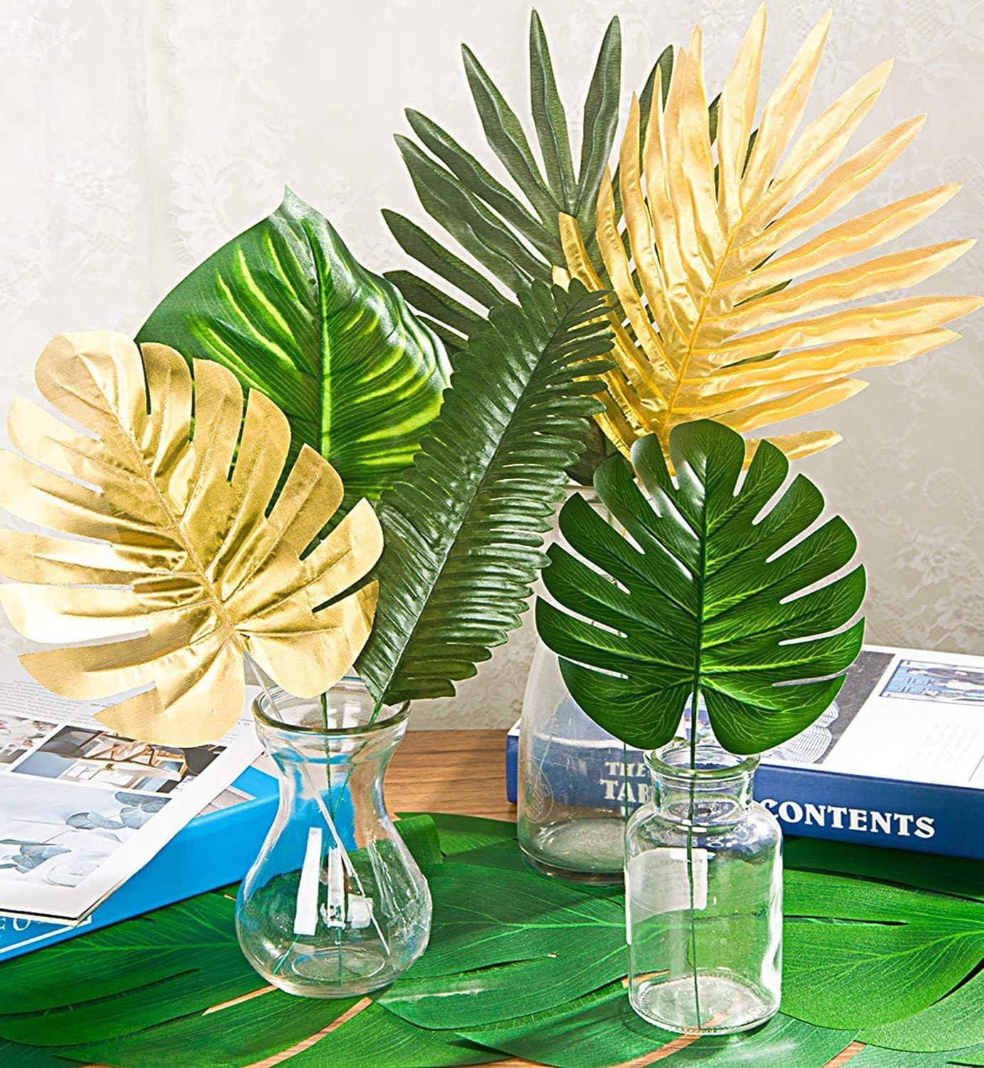 78 Pieces 9 Kinds Artificial Tropical Leaf Jungle Leaves Golden Plant Safari Lea