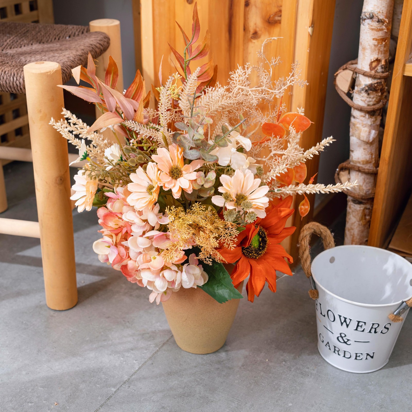 Artificial Fall Flowers Bouquet With Vase Faux Daisy Sunflower Table Centerpiece