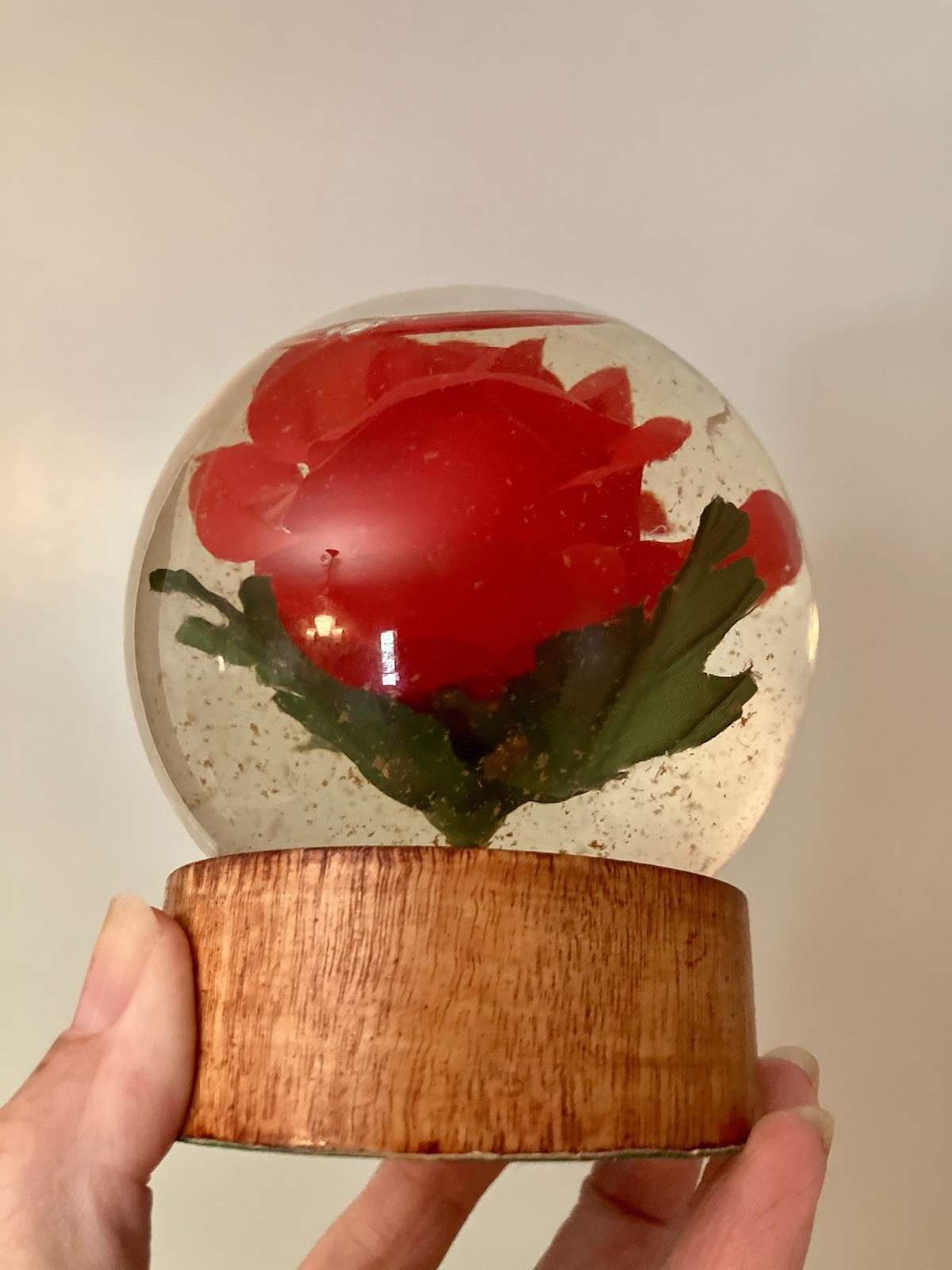 Vintage Preserved Faux Red Flower Rose in Glass Water Dome Globe Wood Pedestal