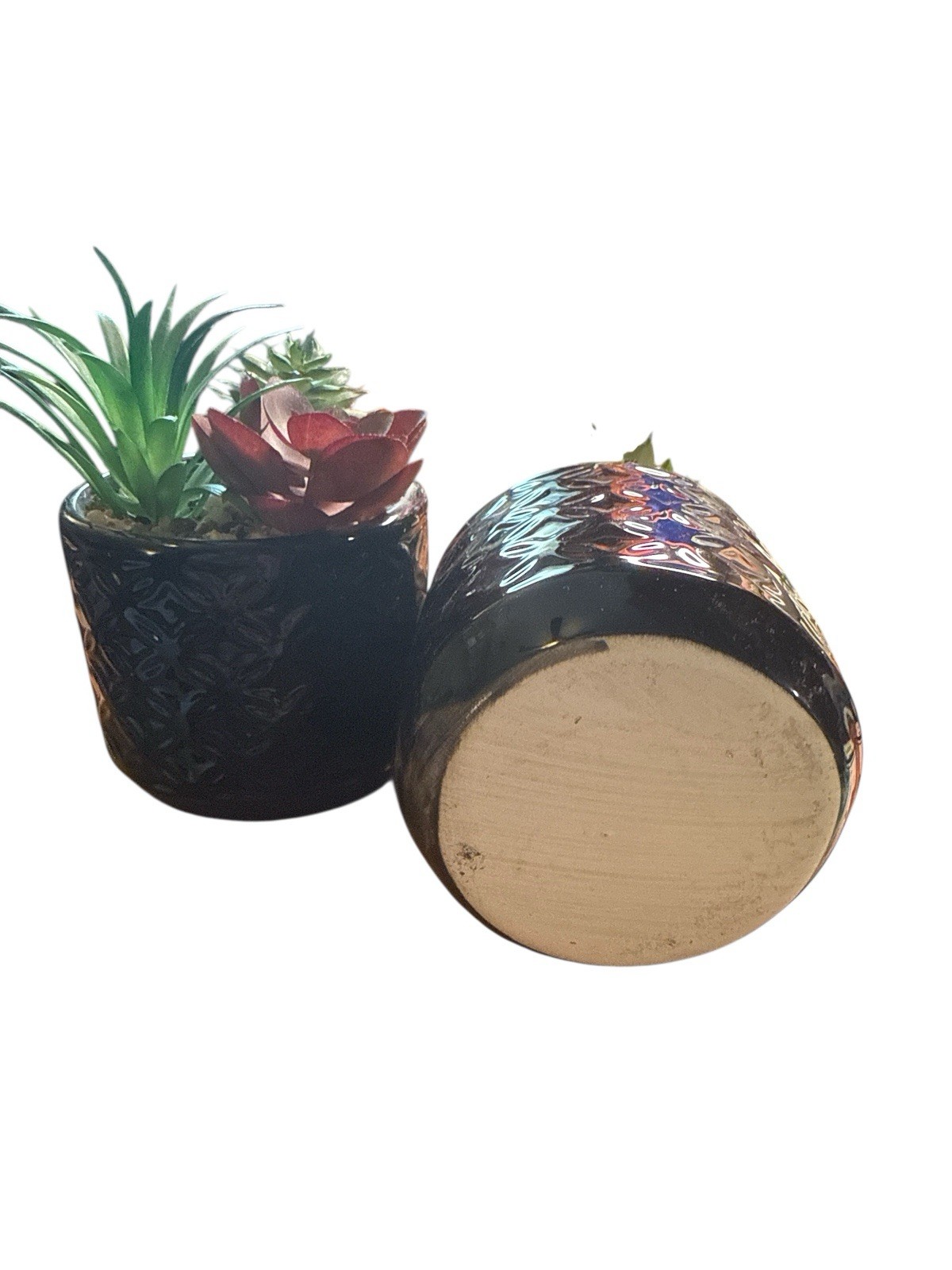 Artificial Succulent Flowers in Ceramic Black Pots Small Fake Plants Set of 2