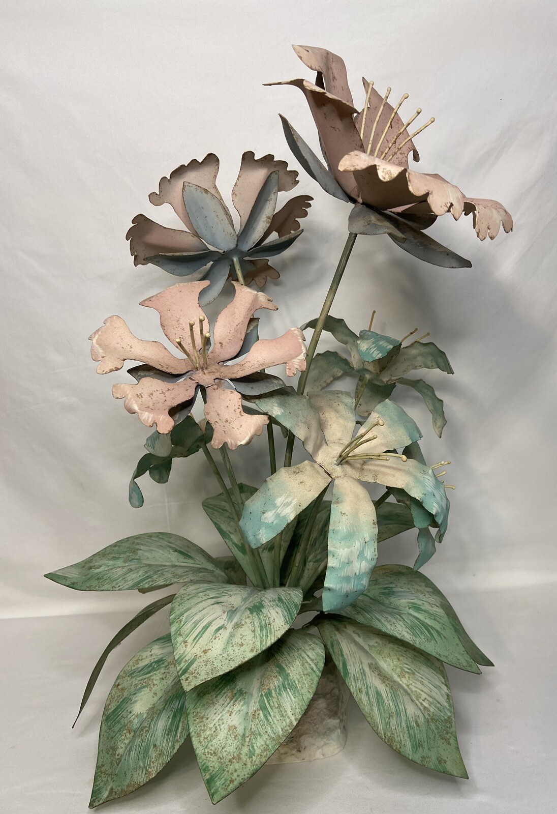 Vintage Metal Flower Arrangement 19” Tall Pink, Blue, Green **READ