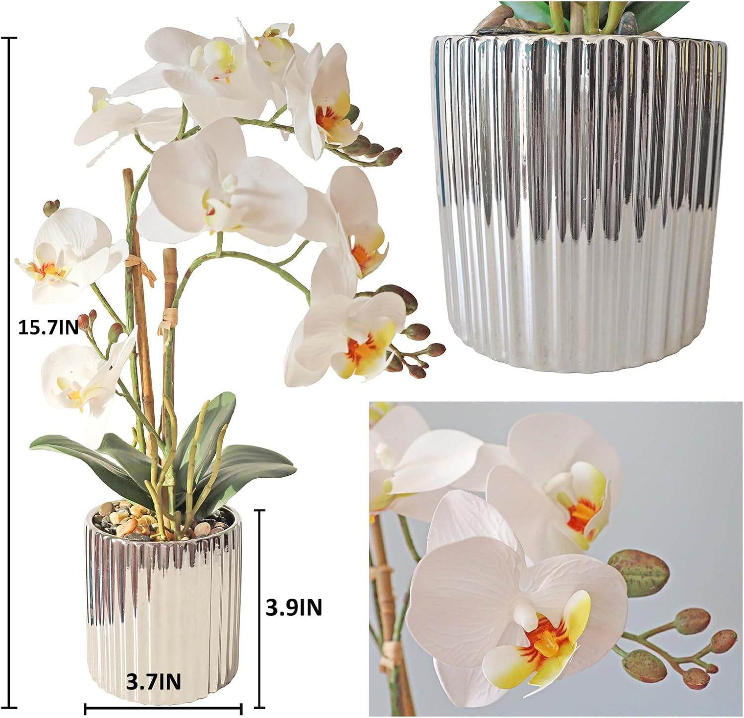 Realistic White Orchid Plant in Silver Vase – Elegant Home Decor Centerpiece