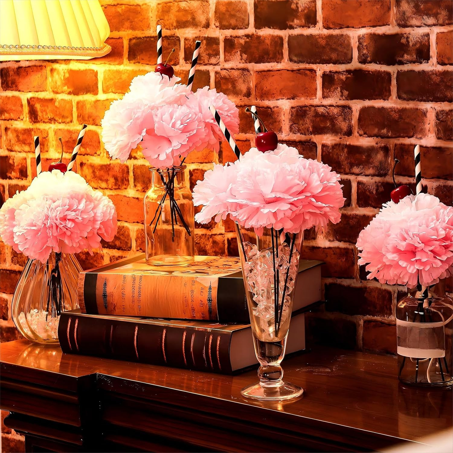 6 Sets Pink Carnations Artificial Flowers, 50’S Theme Party Decorations Include