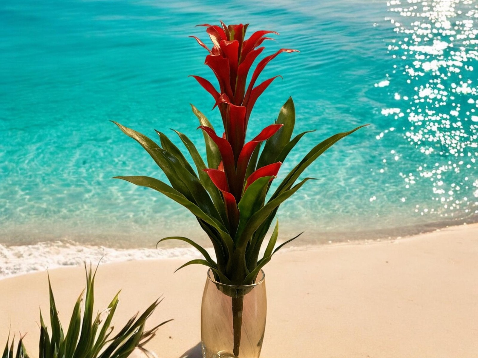 10” Bromeliad faux Flower Stems Red Green Leaves Natural Set Of 4