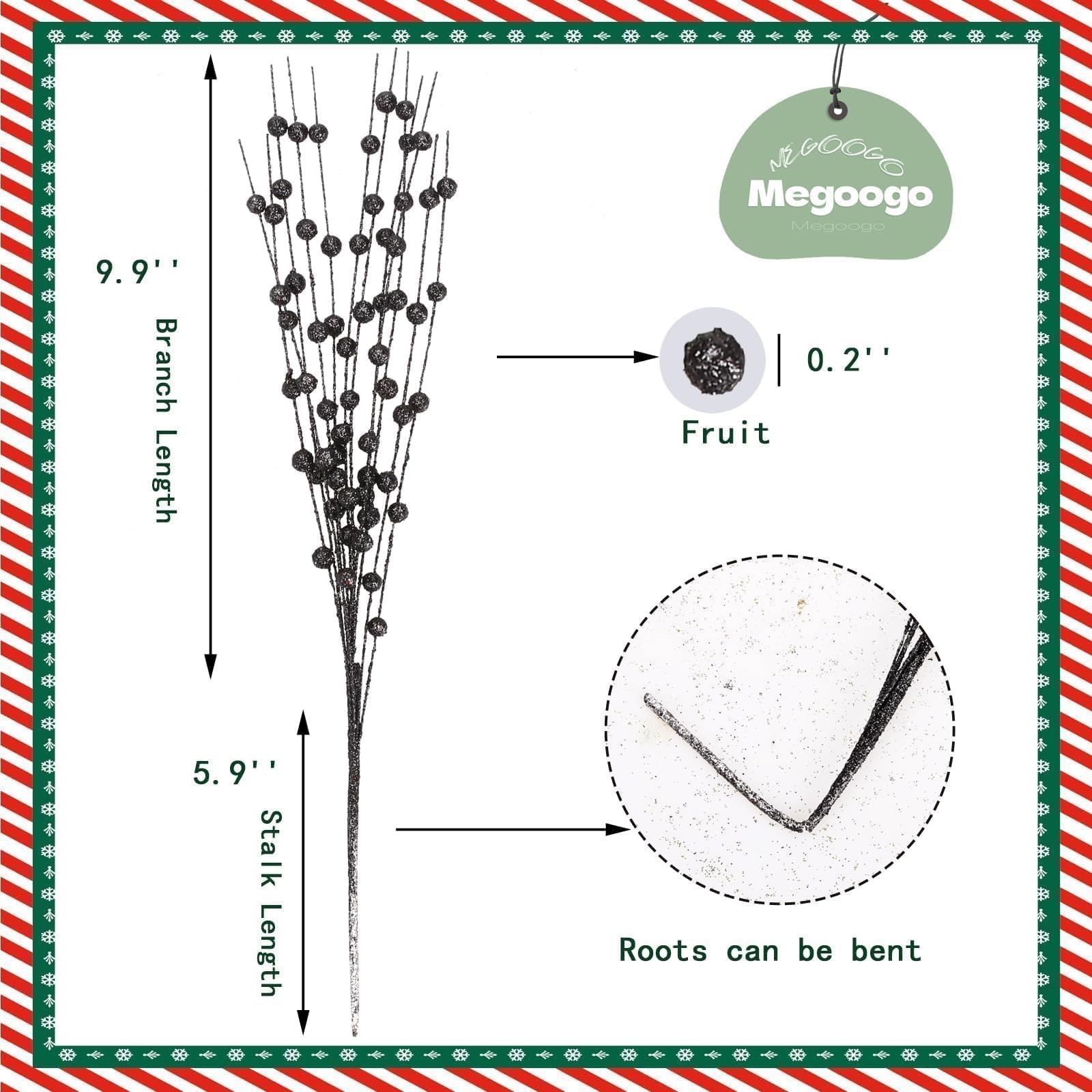 12 PCS Artificial Glitter Berry, Black Glitter Picks Artificial Berries Stems fo
