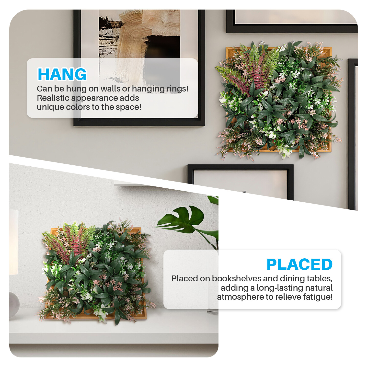 Artificial Plants Green Wall Decor with Square Wooden Frame 12in, Dark Green