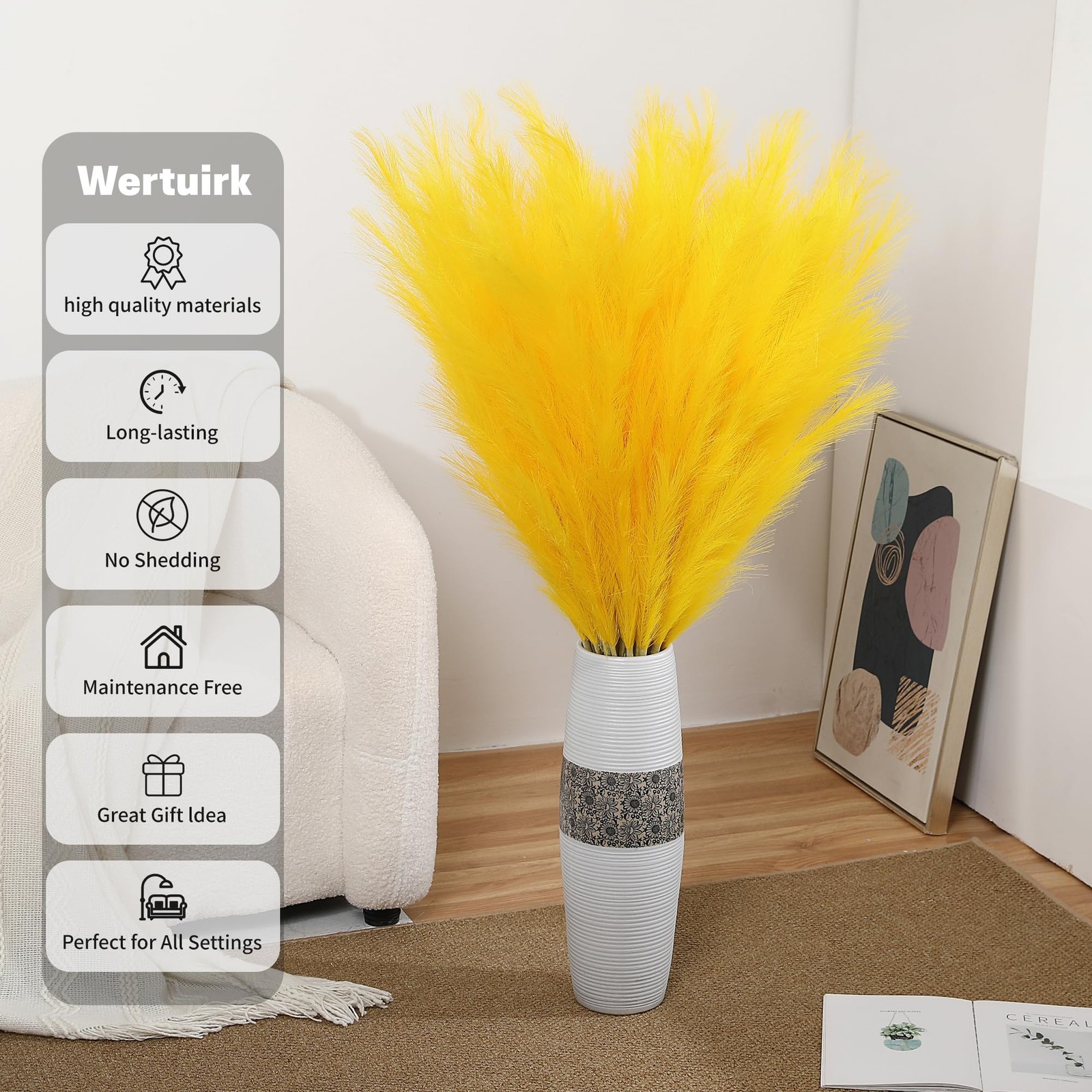 8 Pcs 45 Inch Tall Yellow Pampas Grass Faux Artificial Floor Vase Wedding Decor