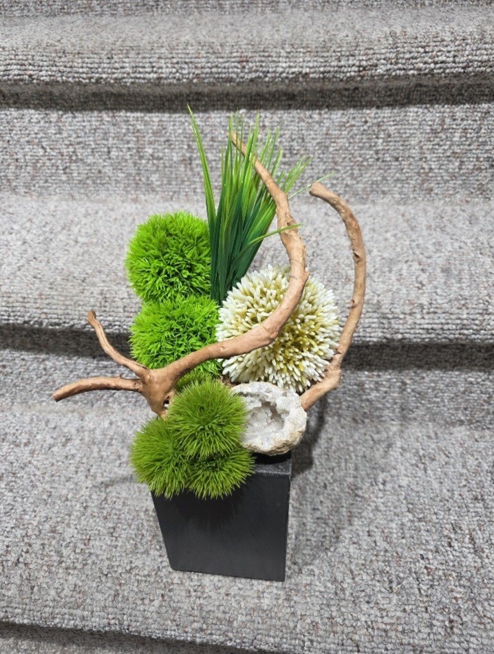 Zen Faux Floral Arrangement, Handmade Ikebana in Concrete Vase