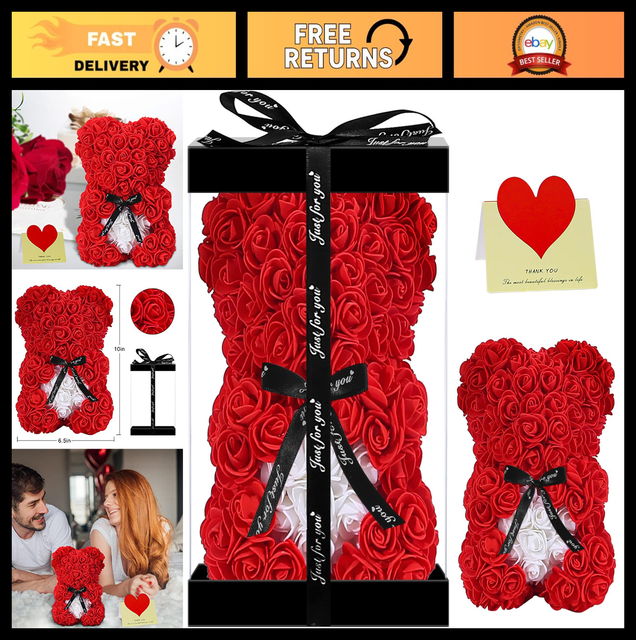 Cute Rose Teddy Bear Gift for Mom – Adorable 10″ Plush Bear in Clear Box – Perfe
