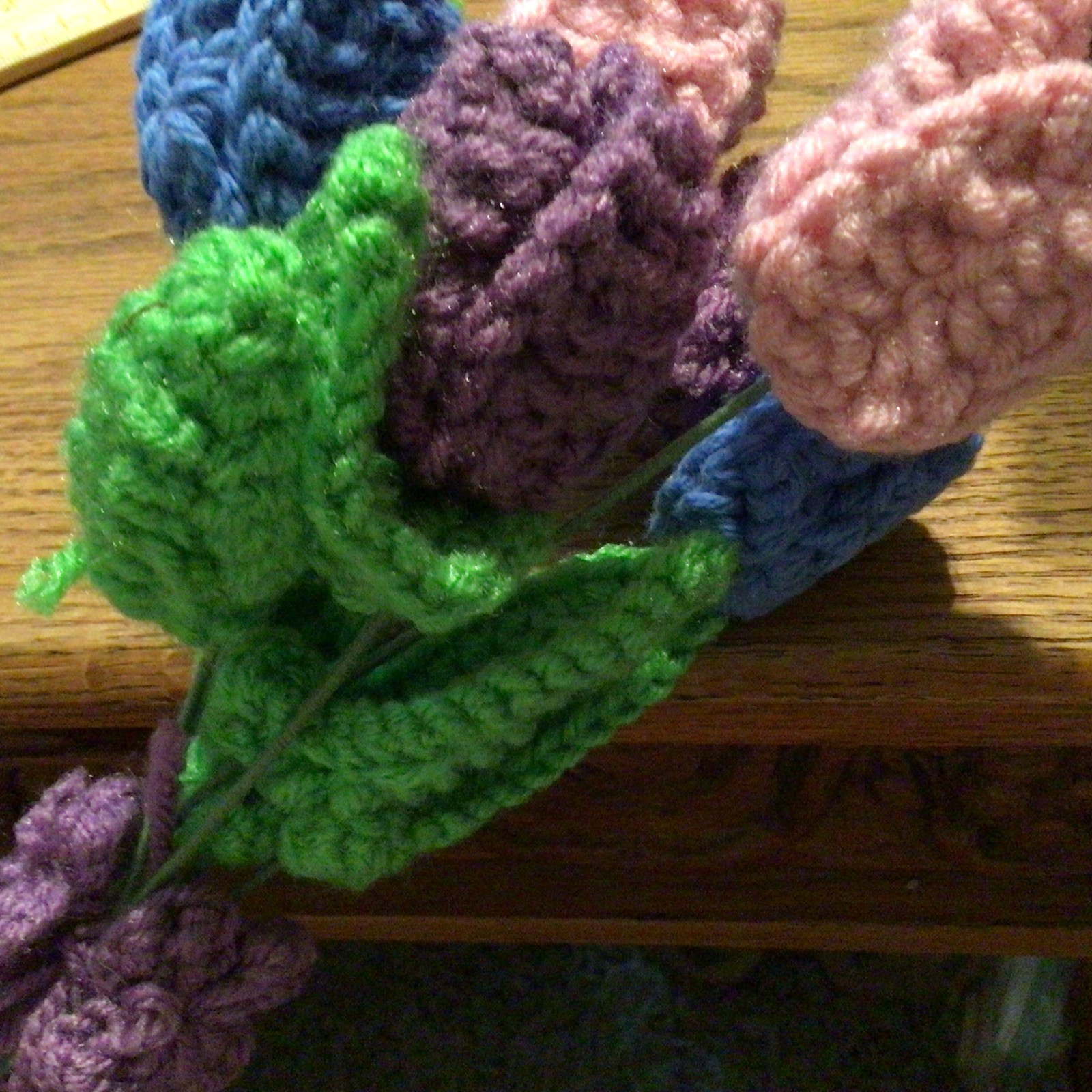 Crochet Flowers Bouquet, Pink, purple, blue, & green with wire stems
