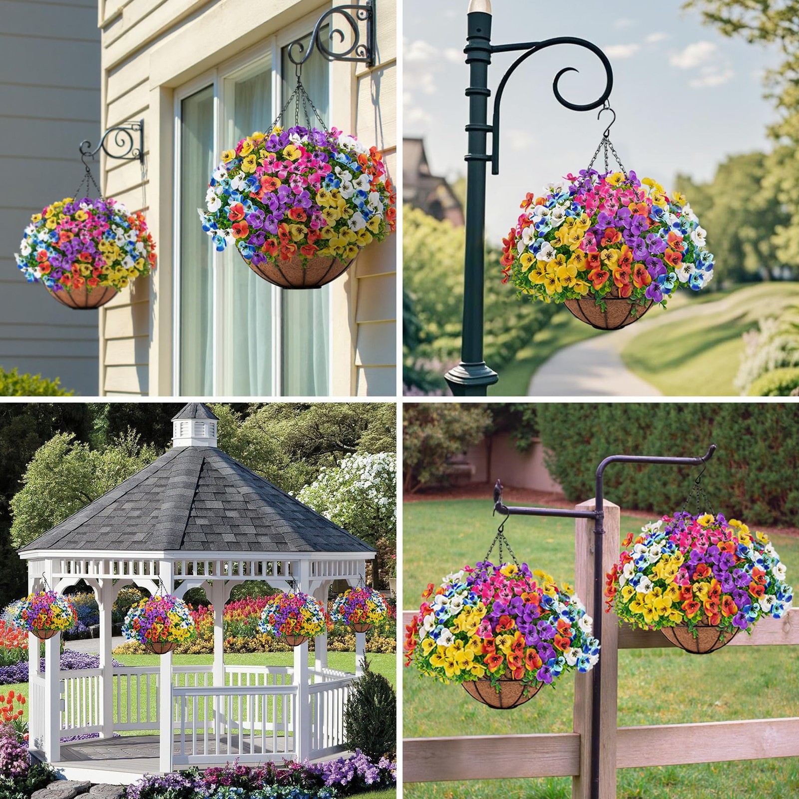 Artificial Hanging Flowers with Baskets for Outdoors, Fake Silk Pansy Flowers…