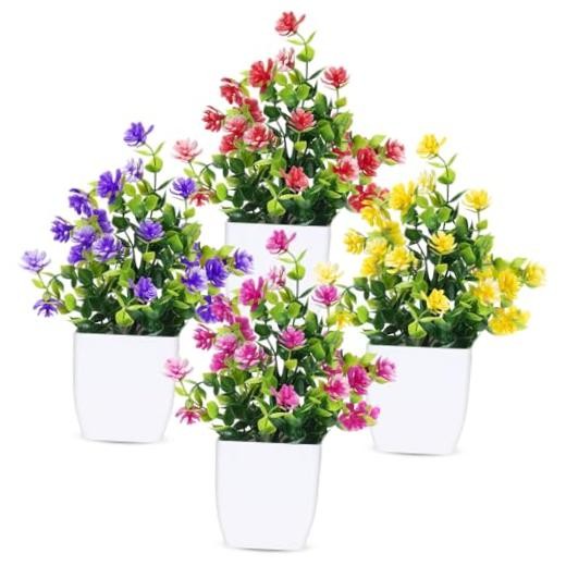 Fake Flowers Packs Artificial Plants Indoor Mini 4 Mix Red Rose Yellow Purple