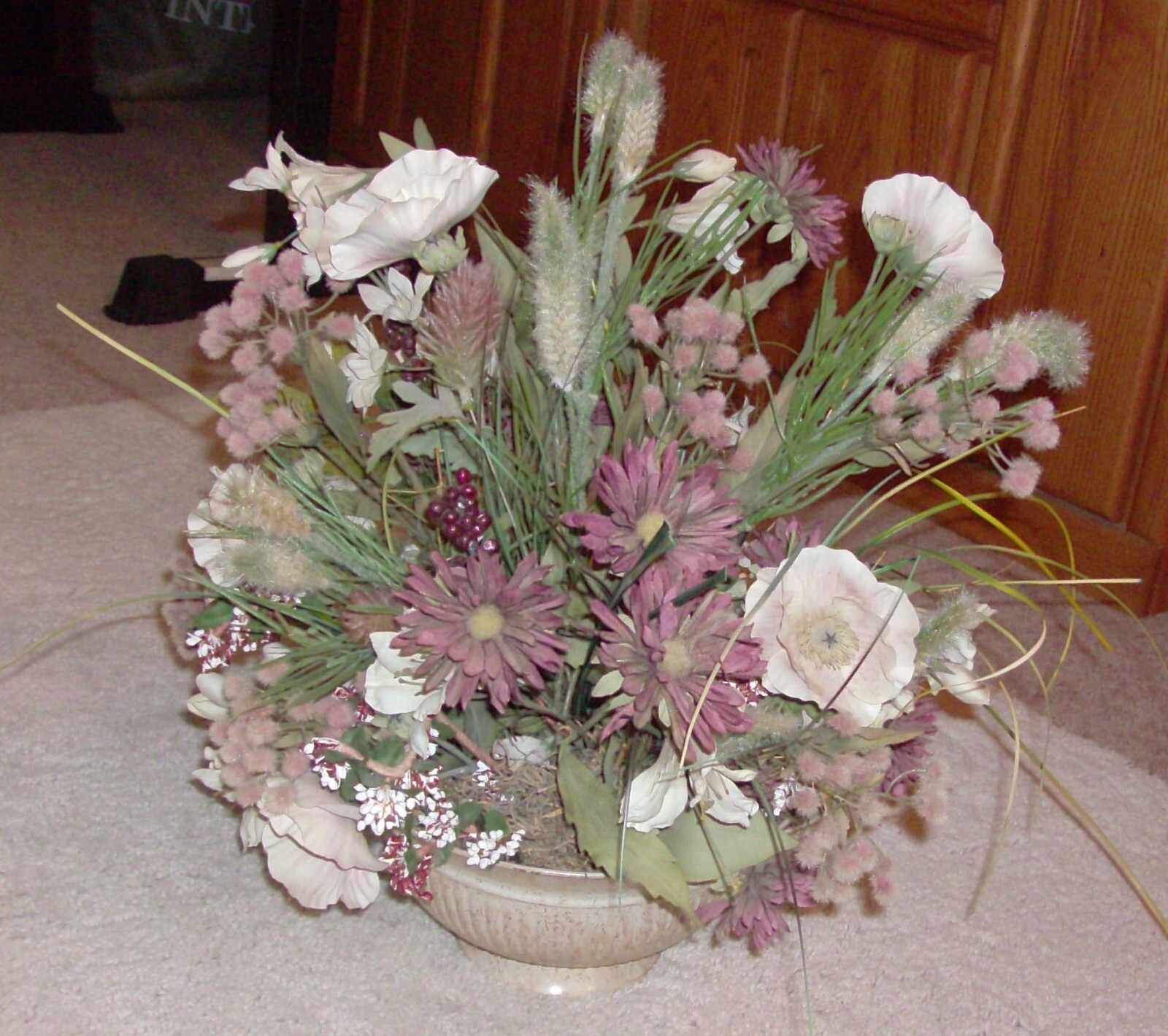 MIXED PINK BOUQUET Faux Floral Arrangement 18″ High in Antiqued Bowl