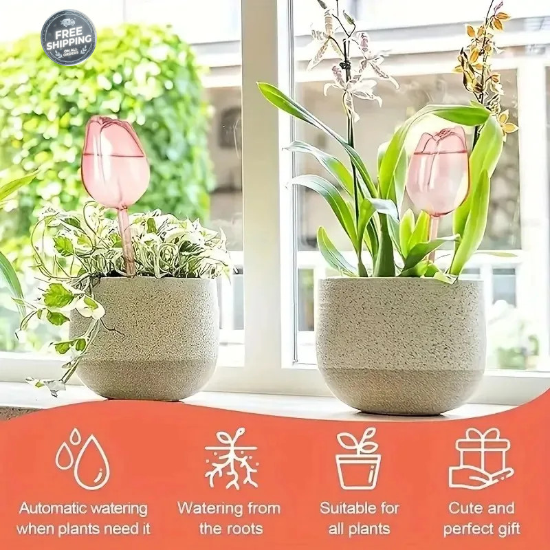 Pink Tulip Watering Globes Auto Plant Drip Irrigation Indoor Outdoor Tools