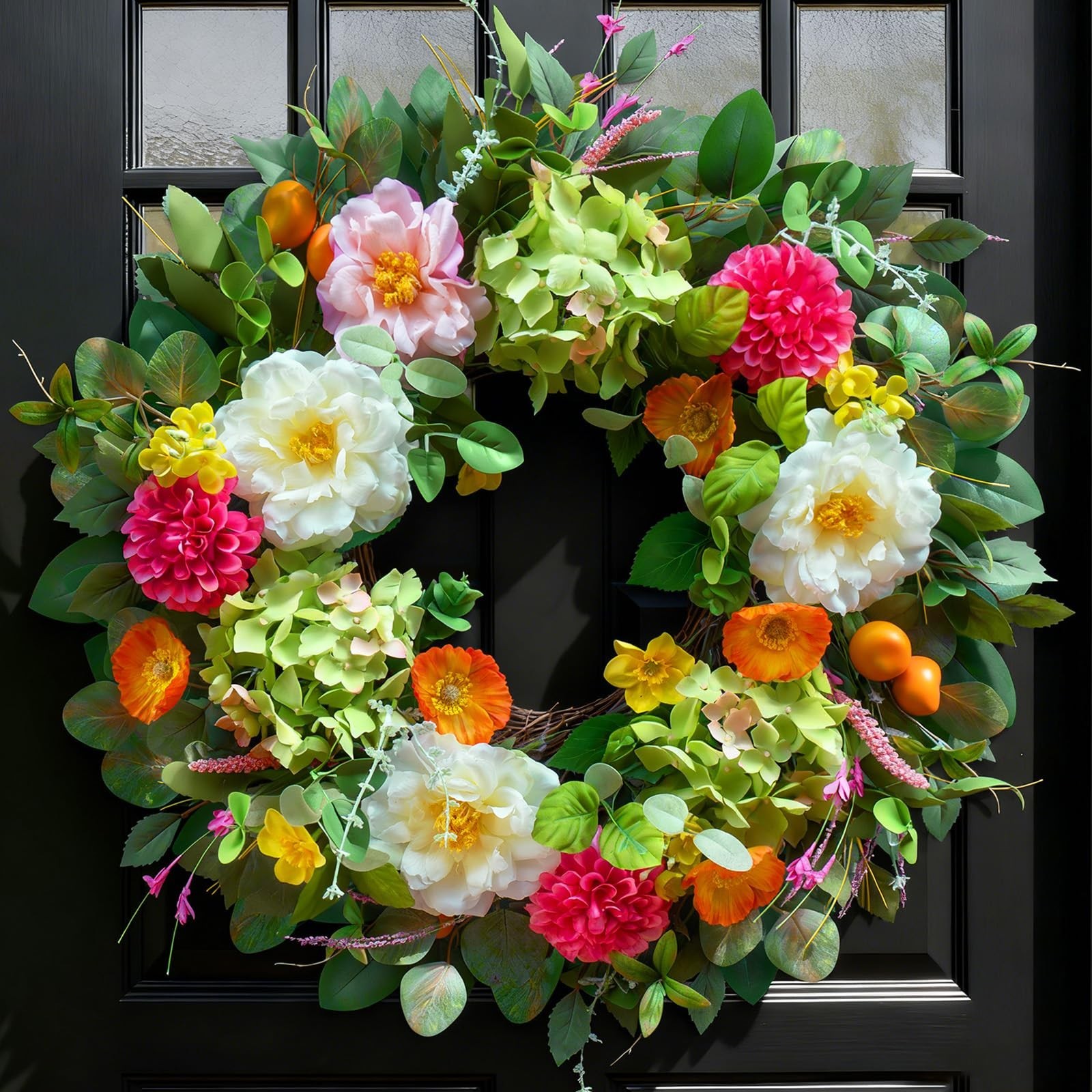 Vibrant 24″ Spring Wreath for Front Door – Peony, Hydrangea & Eucalyptus Decor
