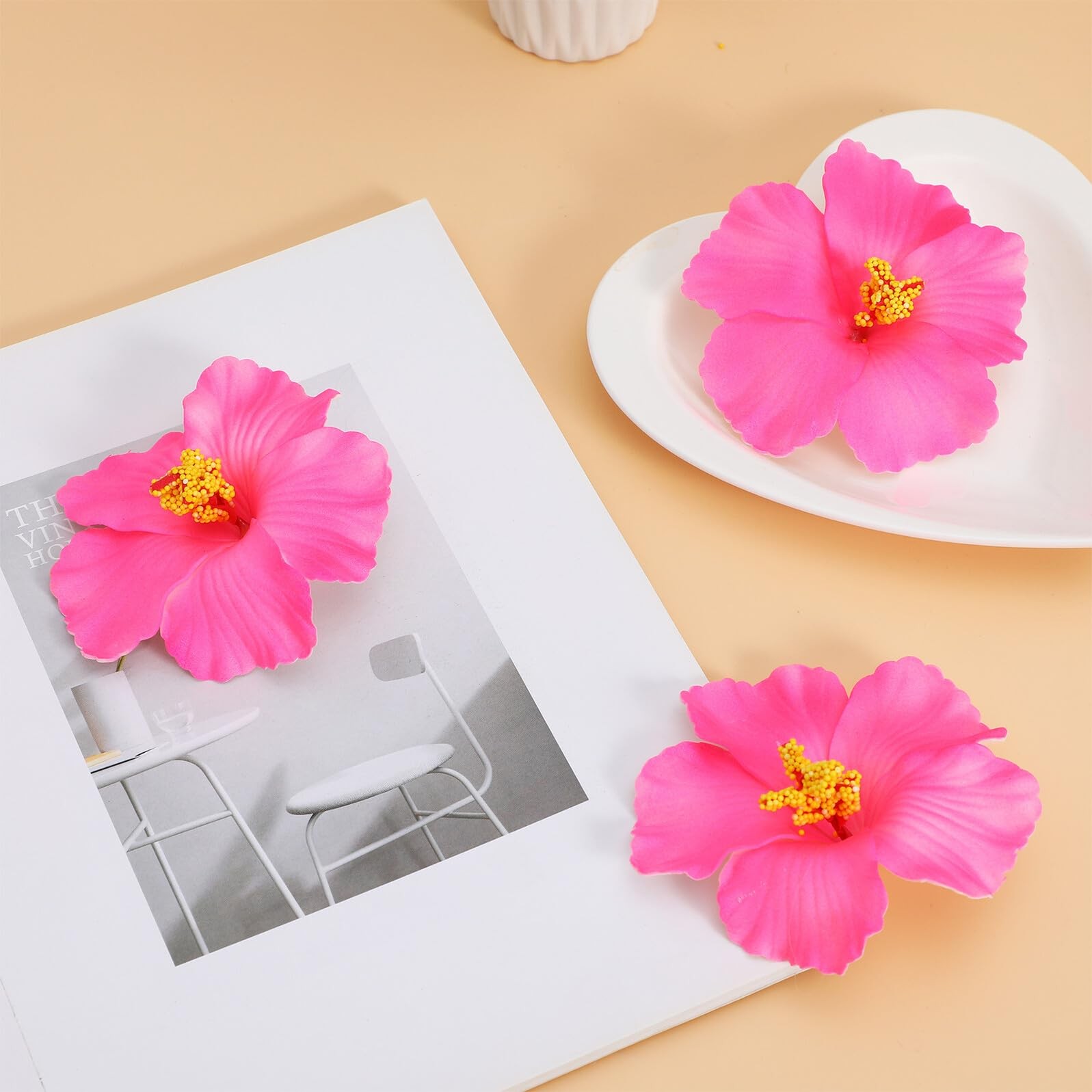 10PCS Pink Hibiscus Flowers: Artificial Hawaiian Faux Flower Heads 3.94 Inch …