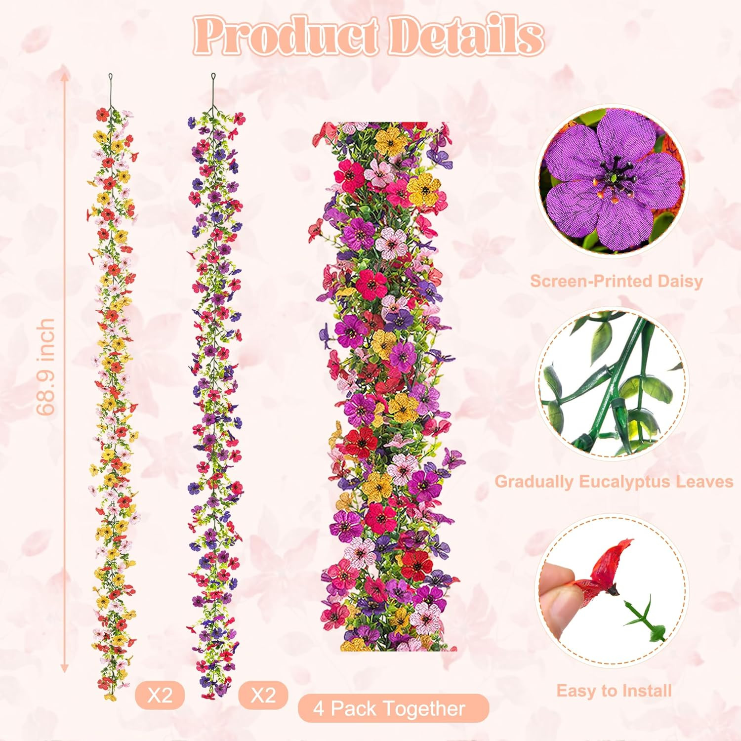 Artificial Flowers Garland Ivy, 4 Pack 5.9 FT Spring Summer Decor UV Resistant F