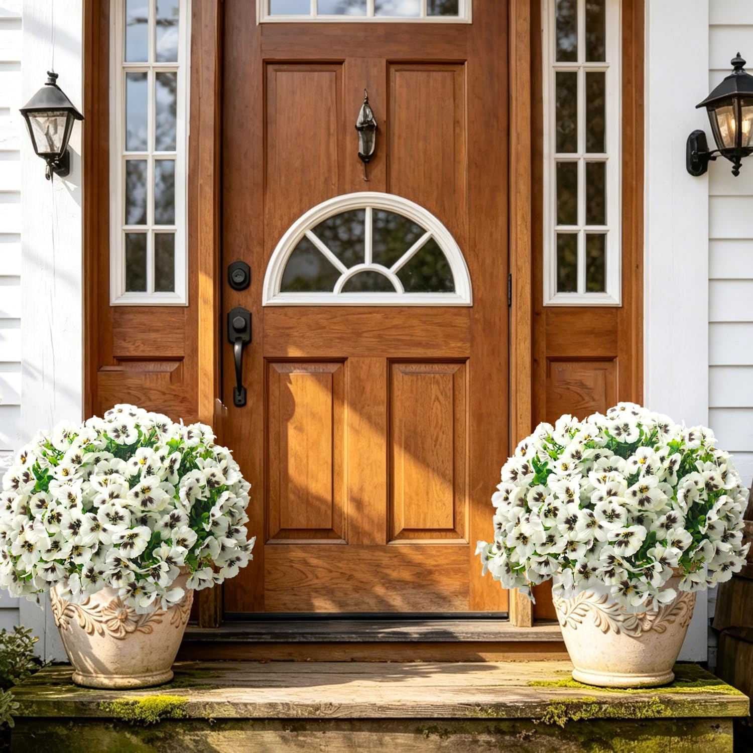 16 Bundles White Artificial Pansy Flowers – UV Resistant for Home & Garden Decor