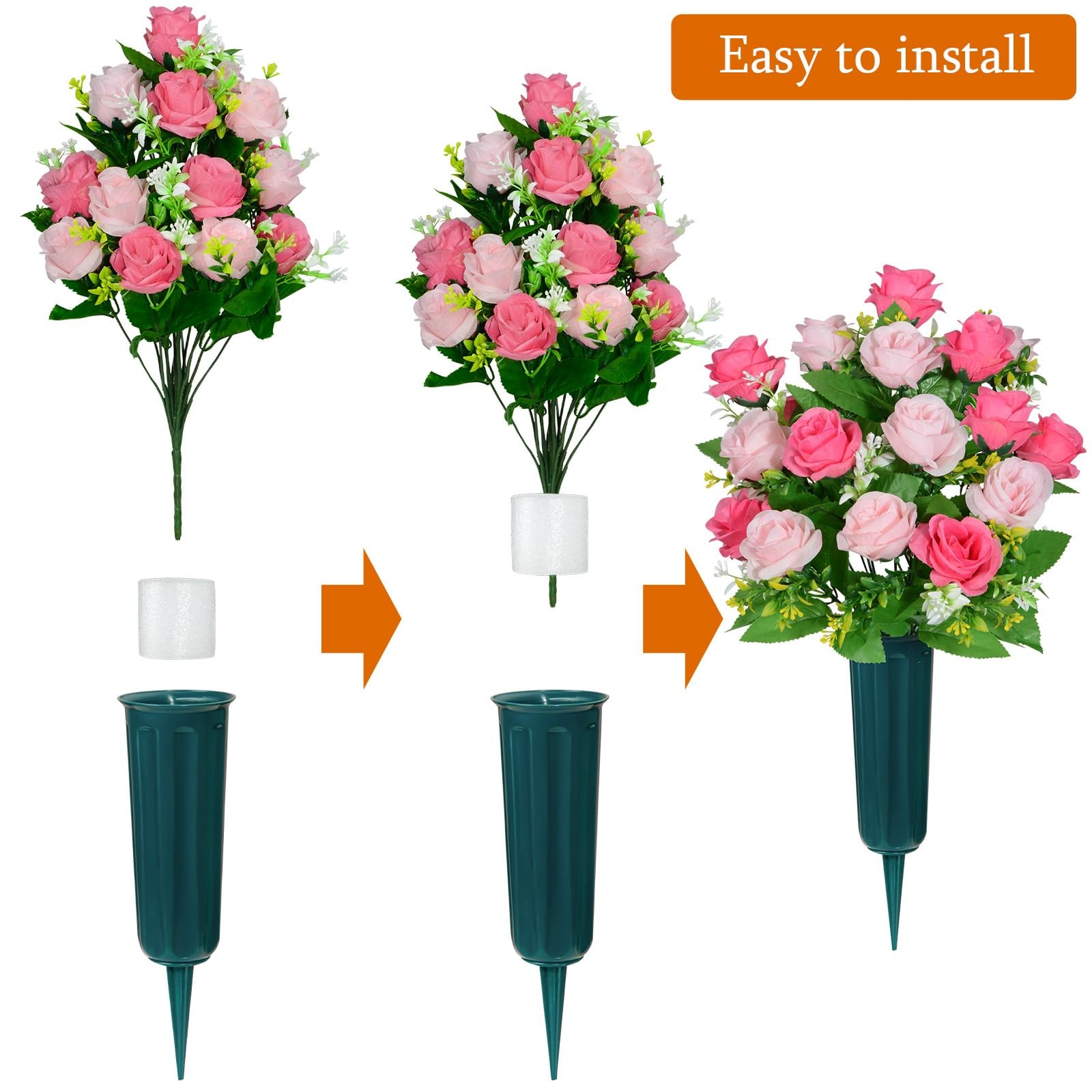 Artificial Cemetery Flowers with Vase, Headstone Flowers Rose Bouquet, Graveyard