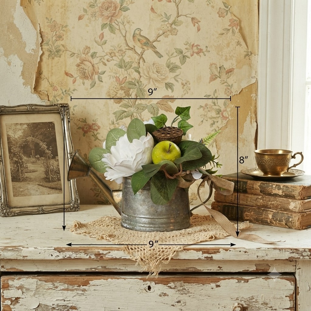 Floral Centerpiece, Vintage Metal Watering Can Cottagecore Faux Flowers