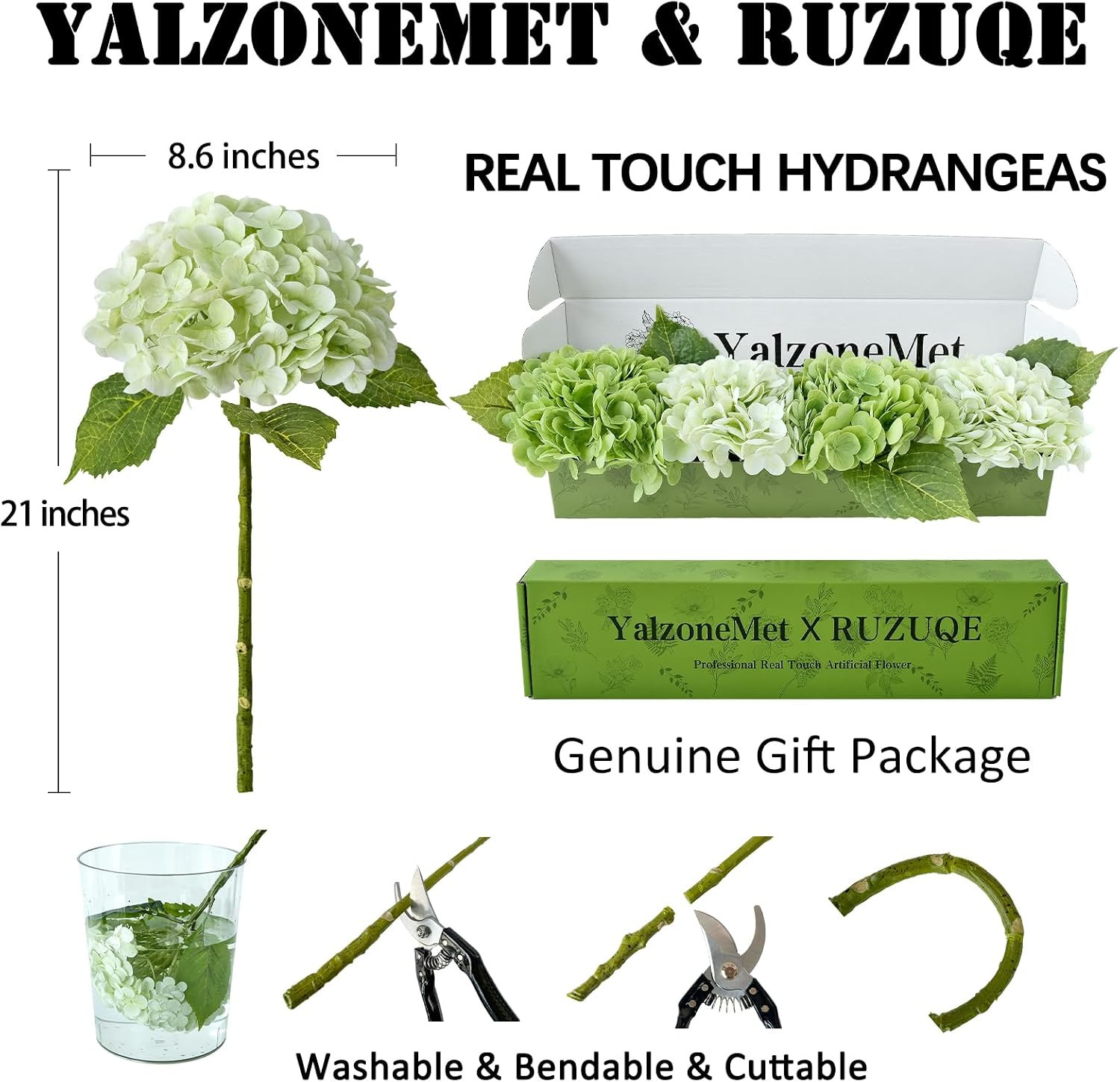 Lifelike 21″ Hydrangea Bouquets – 2 Light Green & 2 Dark Green for Decor
