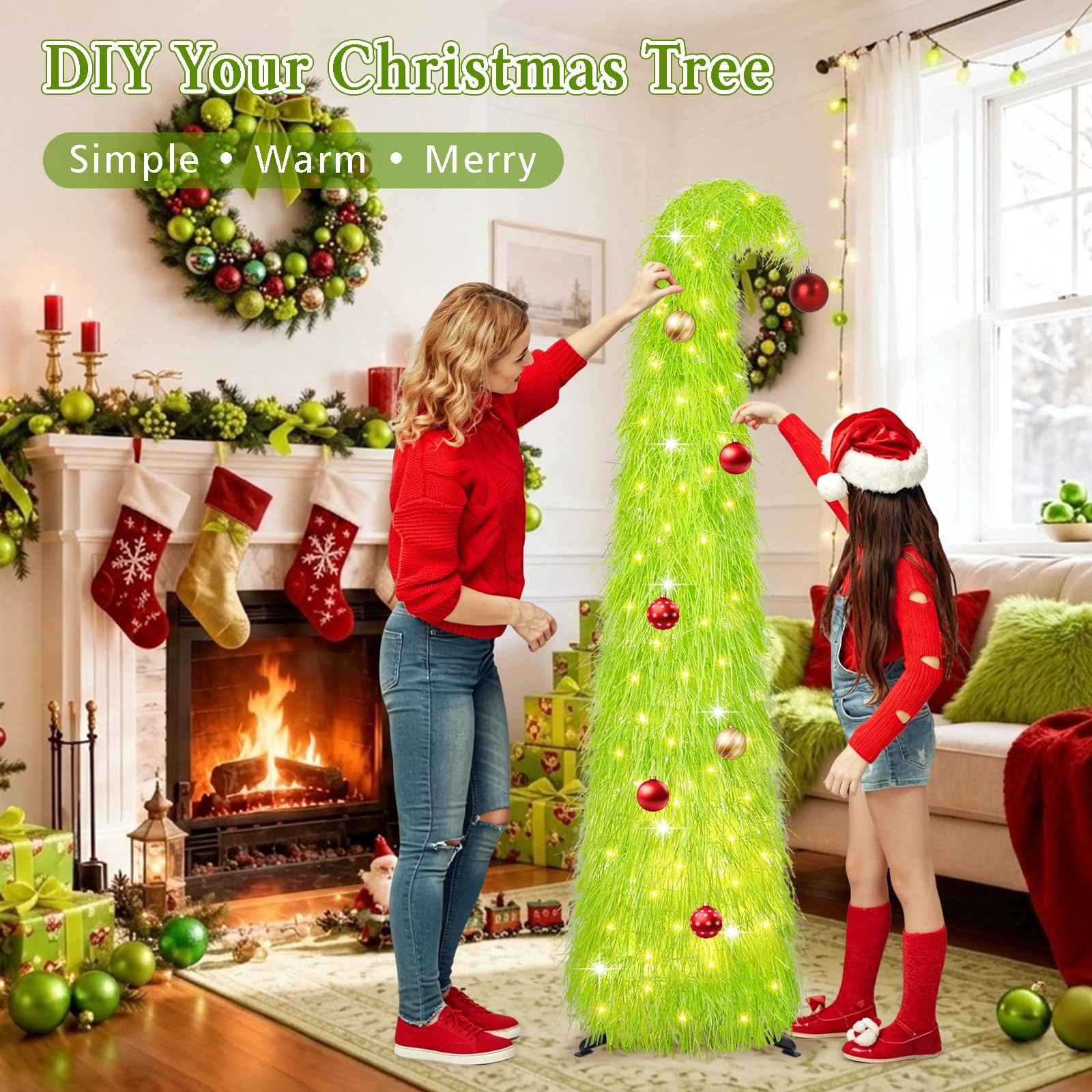 6FT Artificial Shaggy Pop Up Christmas Tree with 100 LEDs, Lime Green Curve