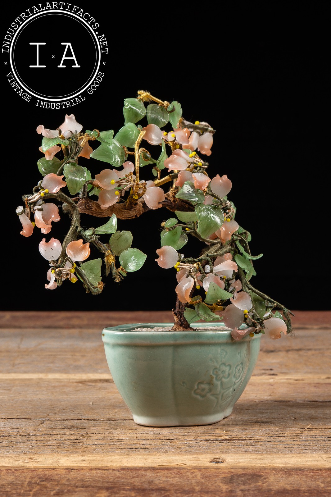 Vintage Jade and Peking Glass Blossoming Bonsai Table Ornament