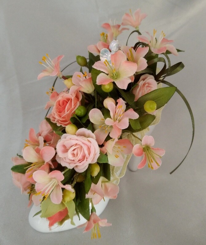 Lot (2) High Heeled Shoe Floral Arrangements w/ Cherubs (Pink/Purple & Peach)