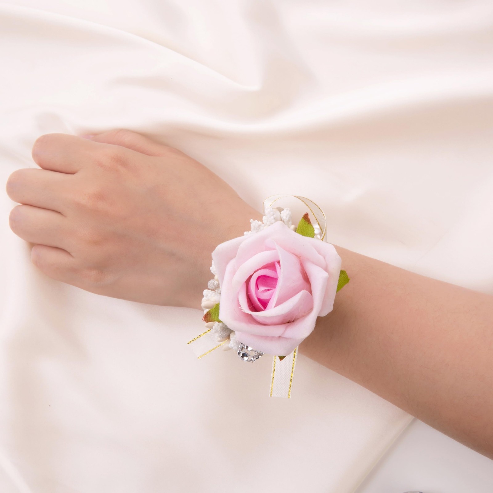 2 Pcs Pink Corsage and Boutonniere Set Wristlet Prom Decor Men Light Pink