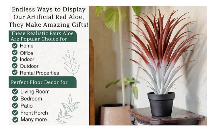 Hyper Realistic Big Red Artificial Aloe Vera Plant 26 Inches Tall. Large Faux