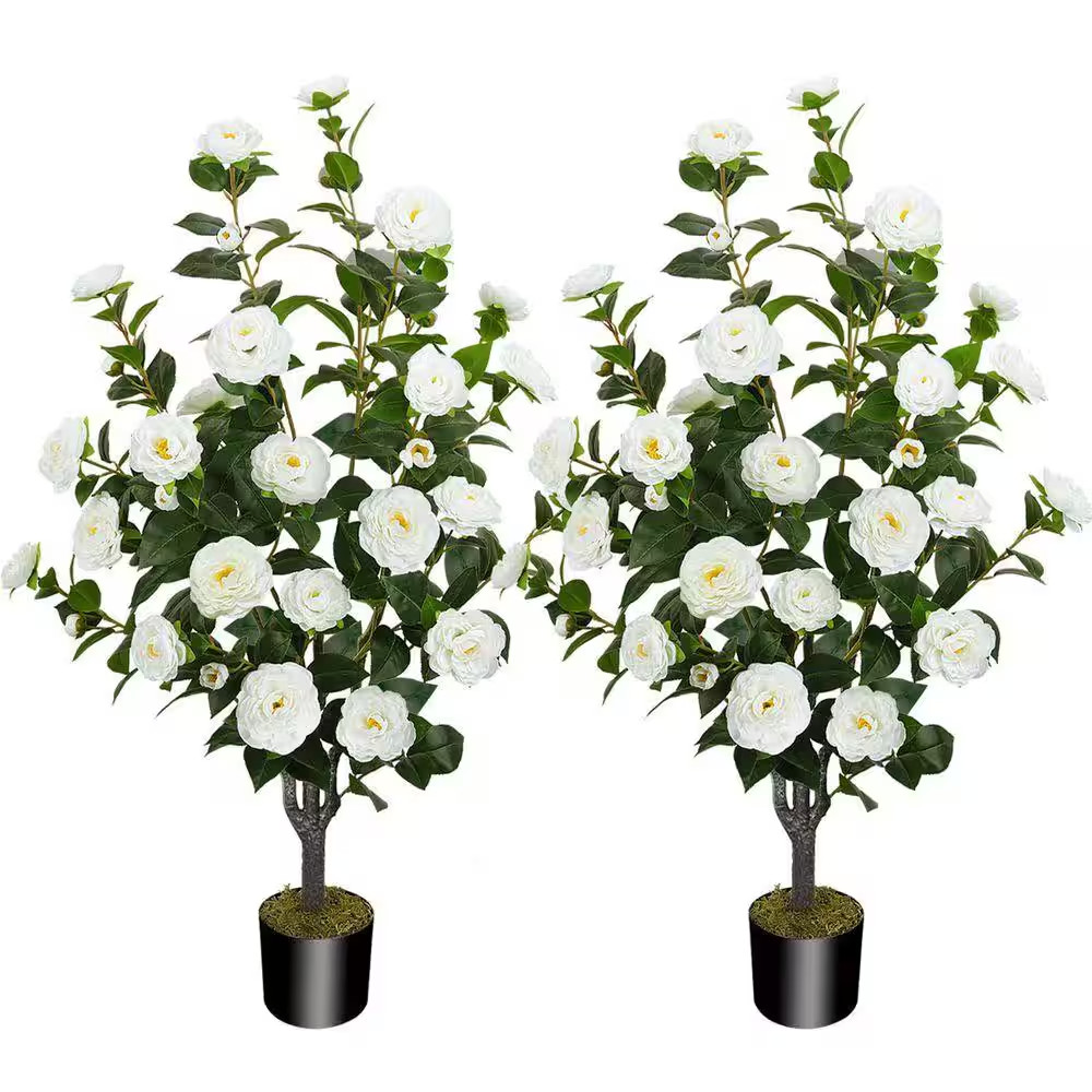 2PCS 3.6 Ft. Artificial Camellia Tree in Black Pot with 32 White Flowers & Dried