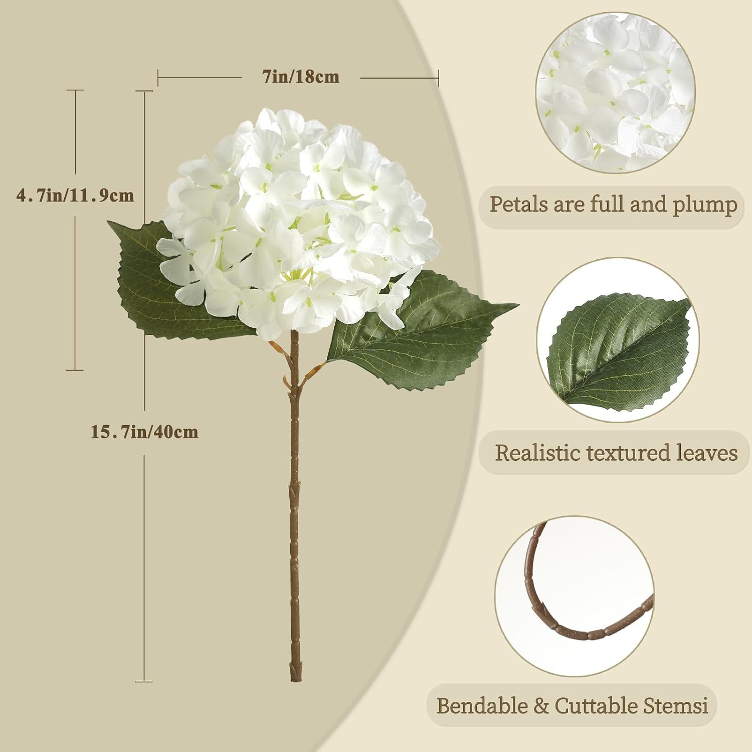 6 Pcs White Hydrangea Artificial Silk, With Stems Wedding Bouquet Decor