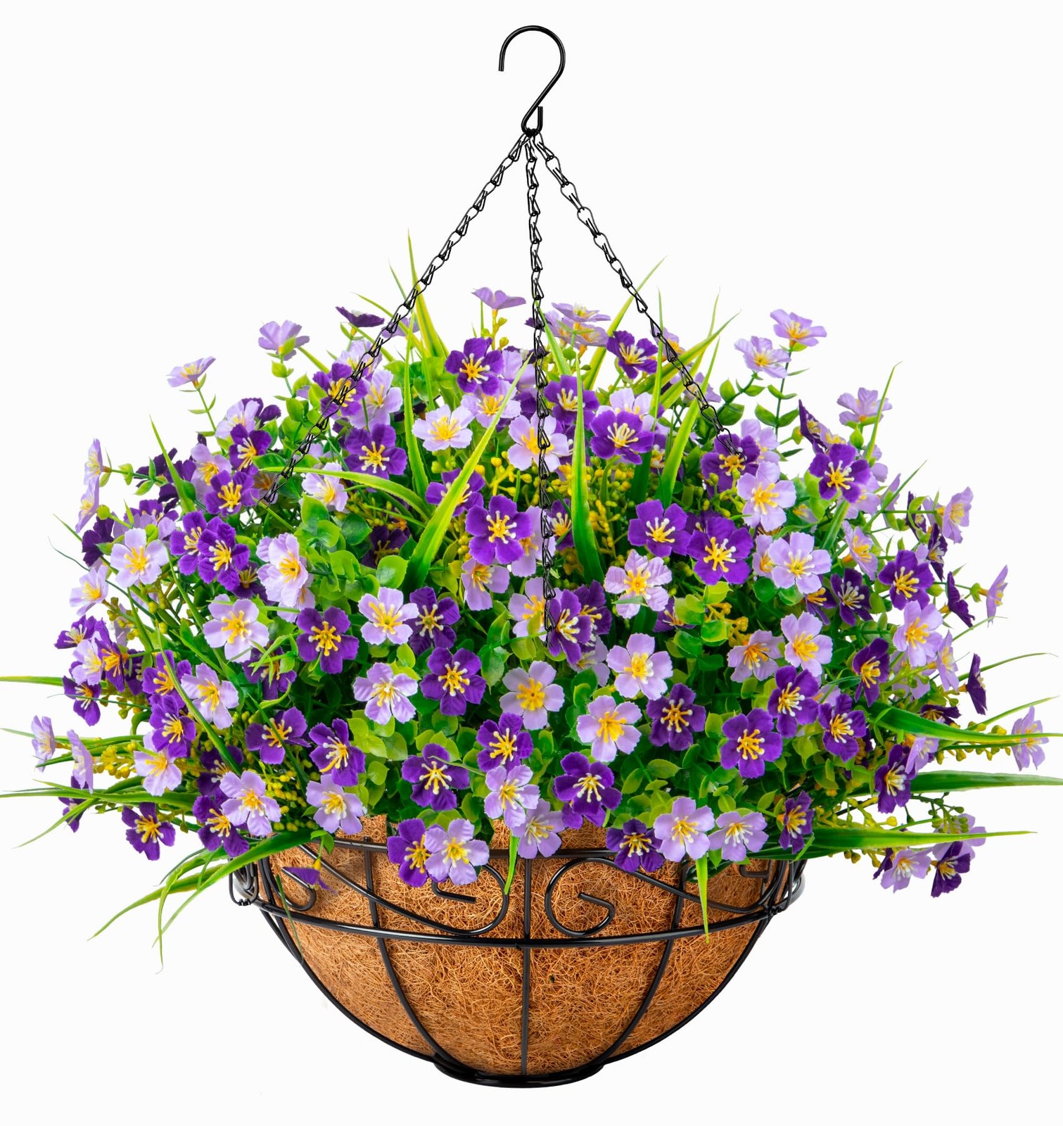 Artificial Hanging Flowers with Basket, Faux Silk Flowers in Coconut Lining B…