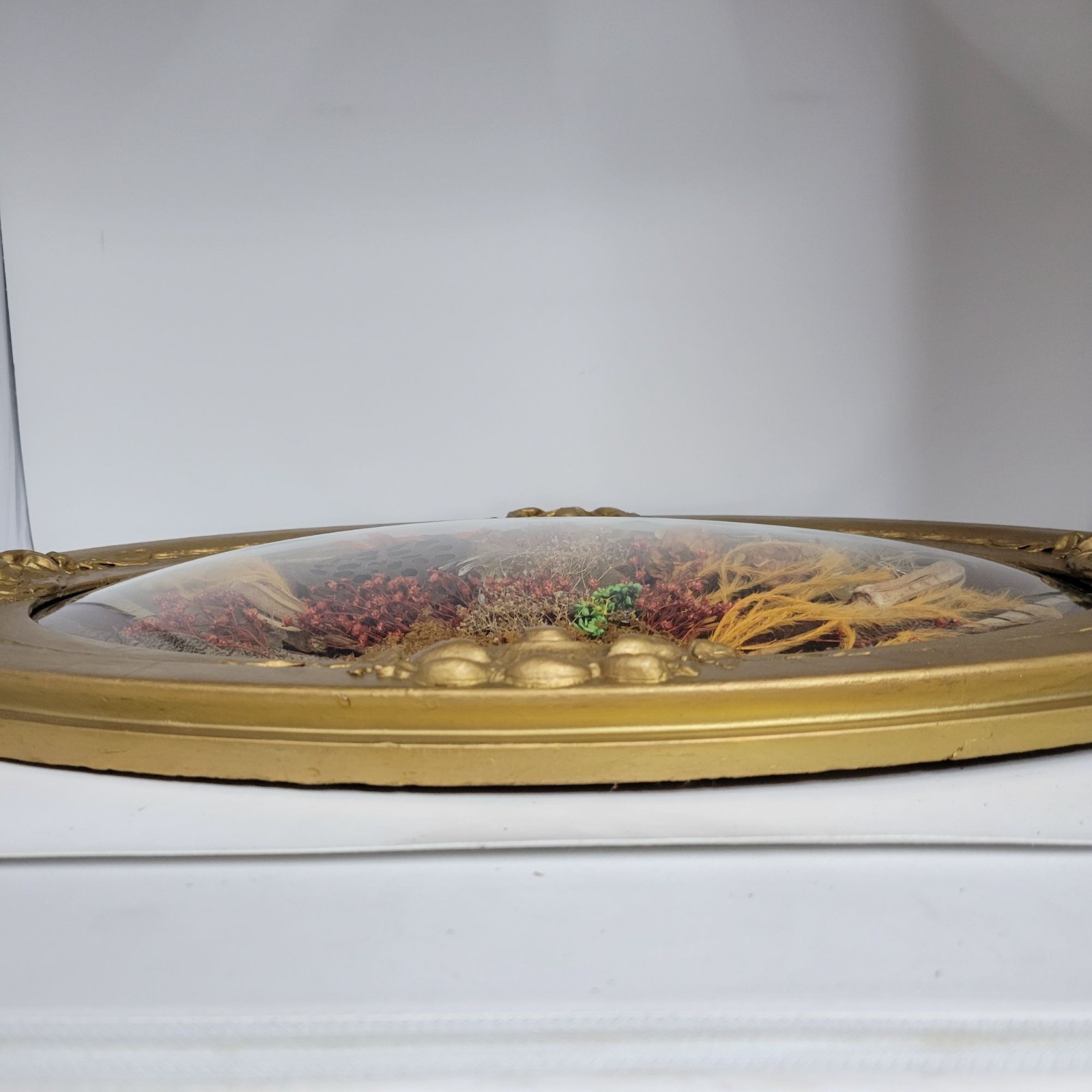 Vintage Oval Framed Bubble Glass Dried Flower Arrangement Wall Art Decor 25″x19″