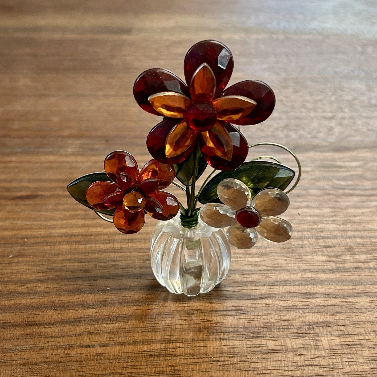 Bouquet Jeweled Gems Flowers Acrylic Plastic Metal 4.25″ Orange Red Green White