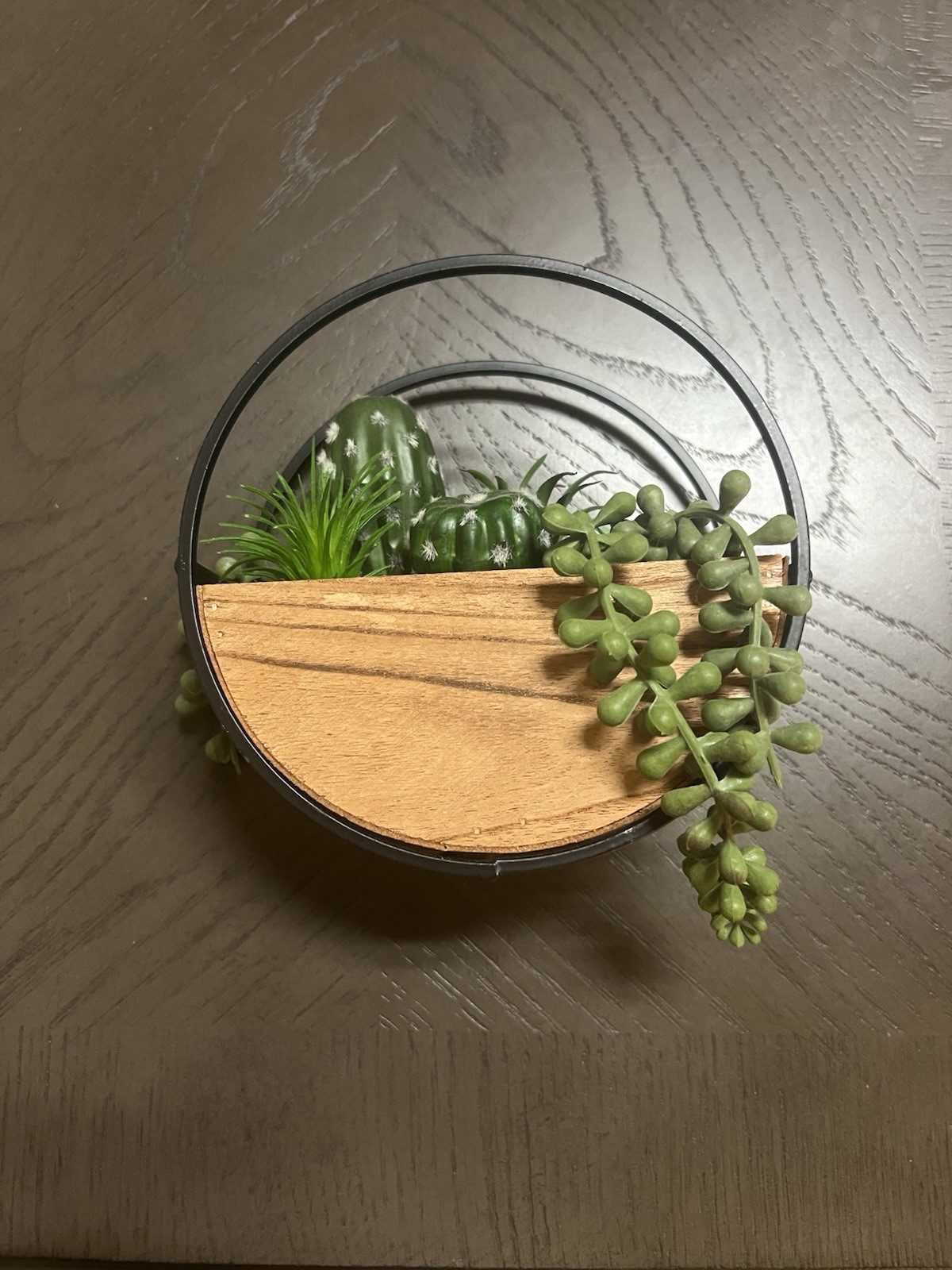 faux succulents in Wood And Metal Planter. Wall Hanging