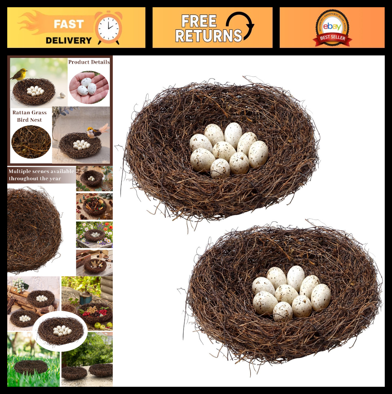 12″ Large Rattan Bird Nests – Handmade Natural Decor for Crafts, Weddings & Gard