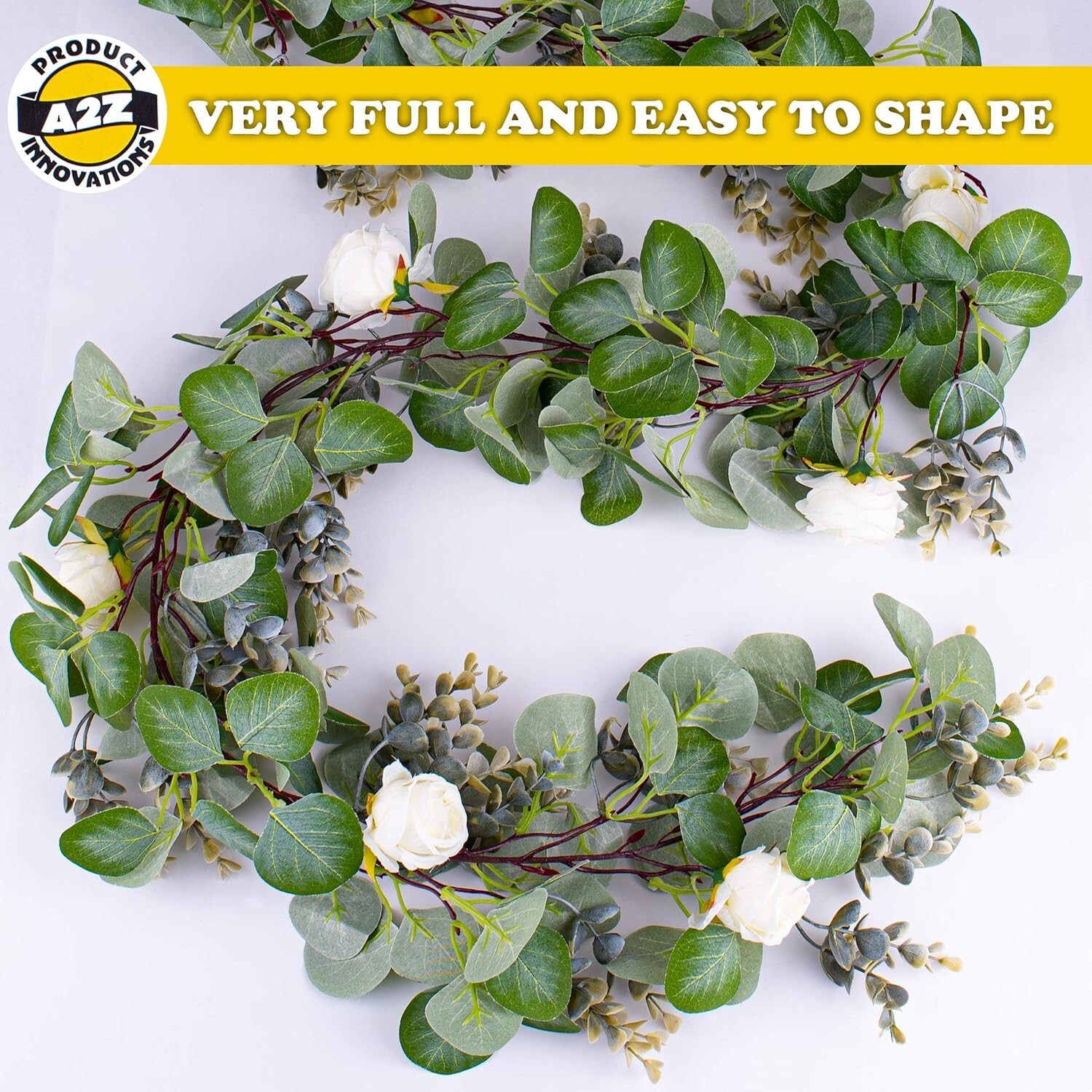 Faux Eucalyptus Garland (6.5ft) – Natural-Looking Green Leaves and White Rose Fl