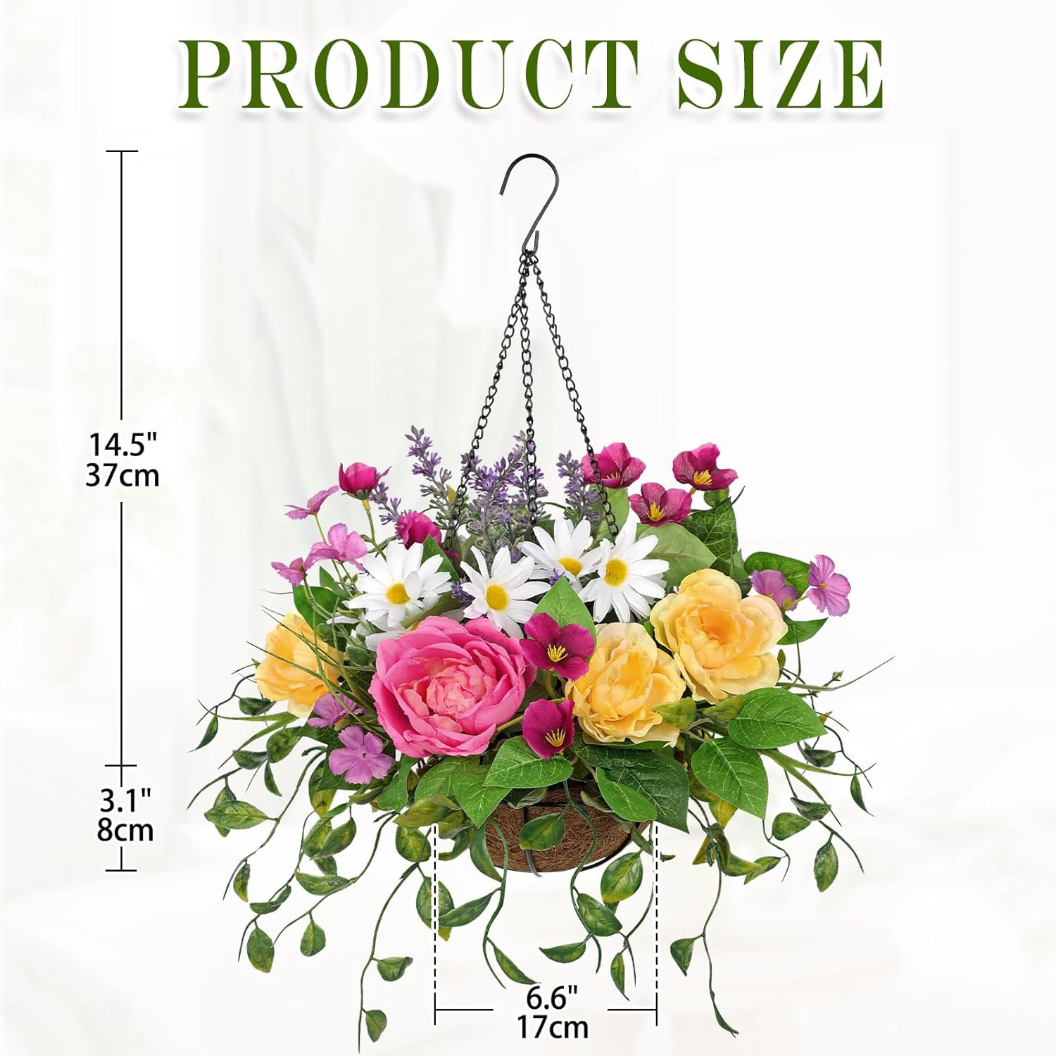 Faux Silk Flower Basket with Roses & Daisies for Outdoor Spring Decor