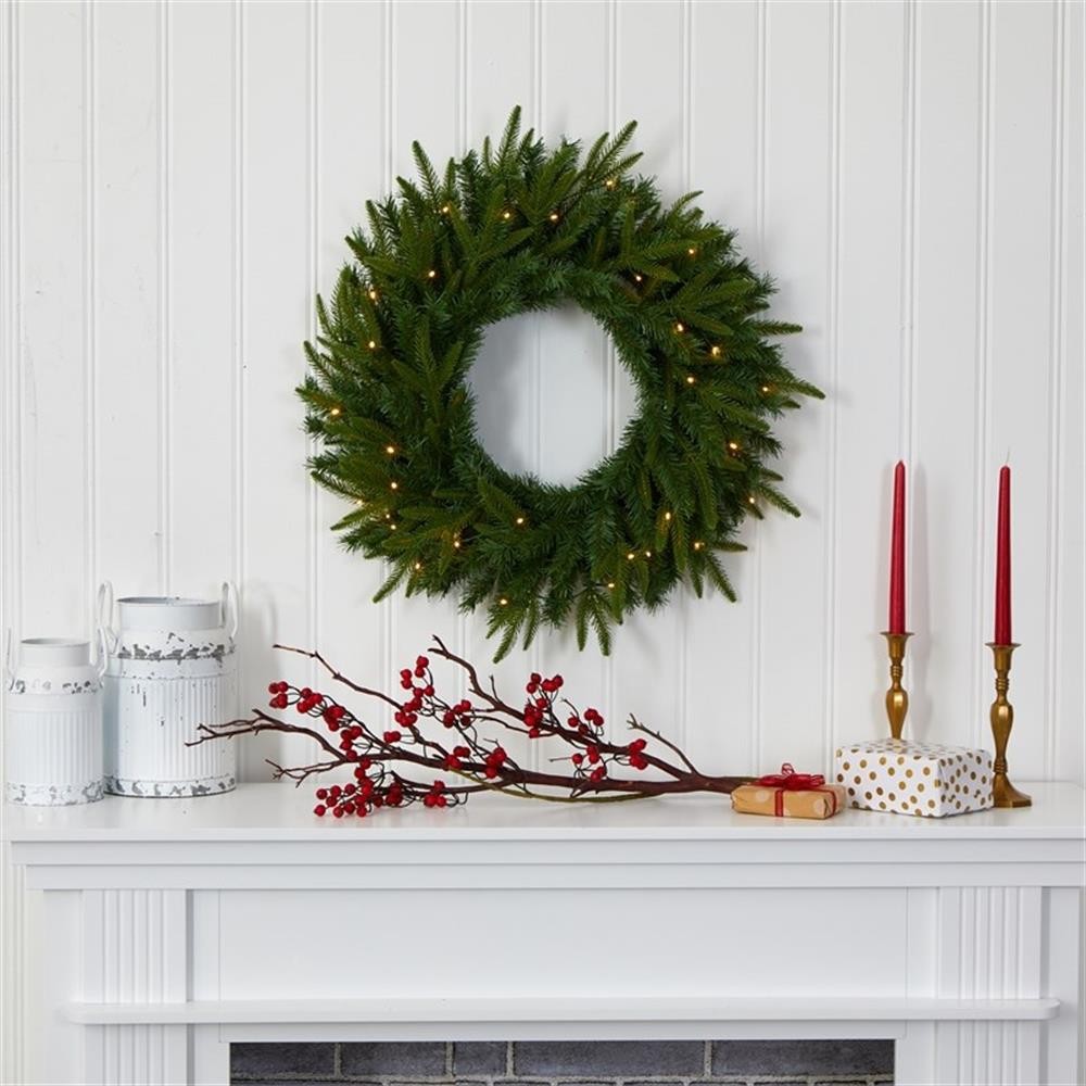 Pemberly Row 24″ Long Pine Artificial Christmas Wreath with35 Clear LED in Green