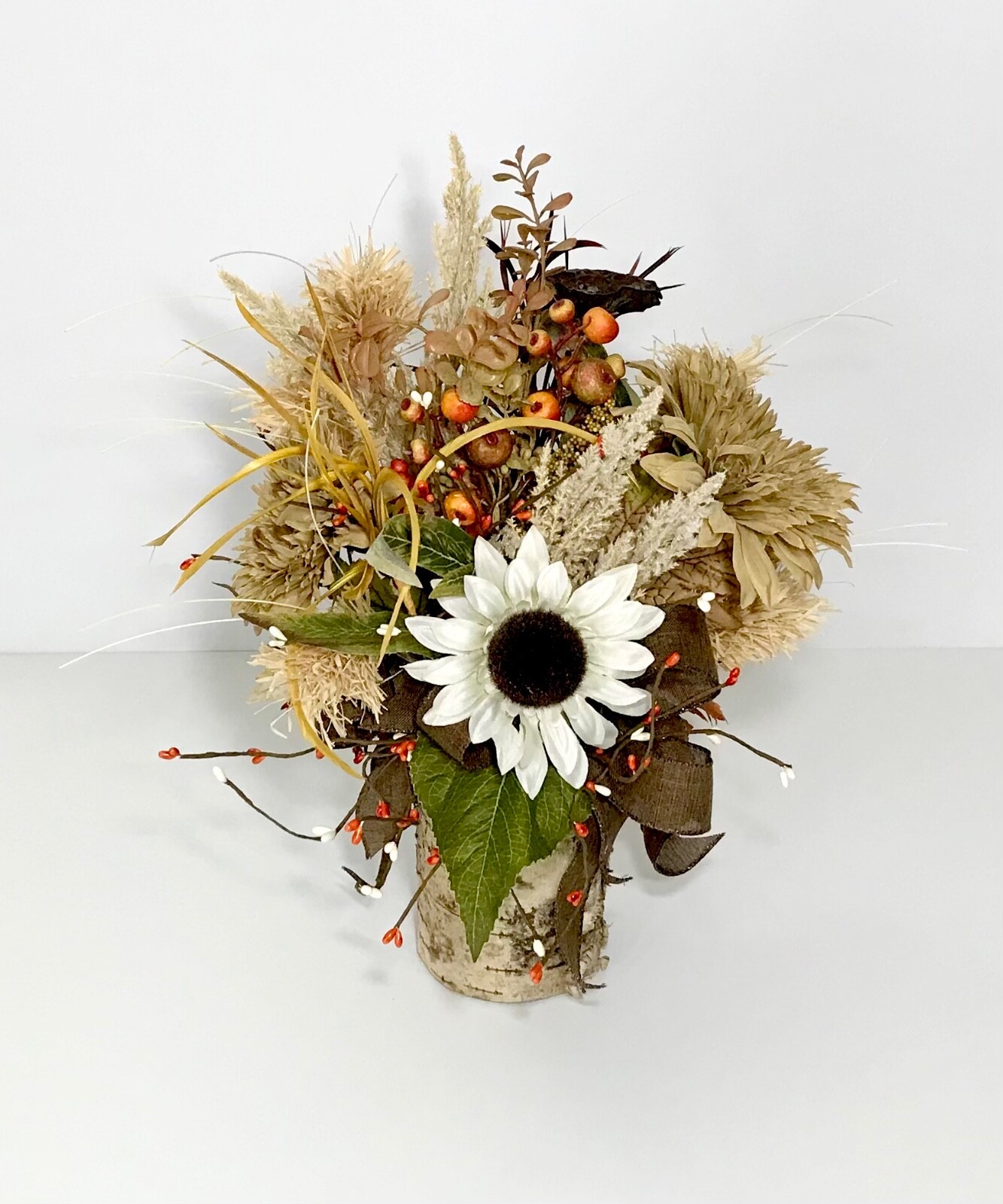 WHITE SUNFLOWERS EARTH TONE ARRANGEMENT FALL LEAVES HARVEST CENTERPIECE HANDMADE