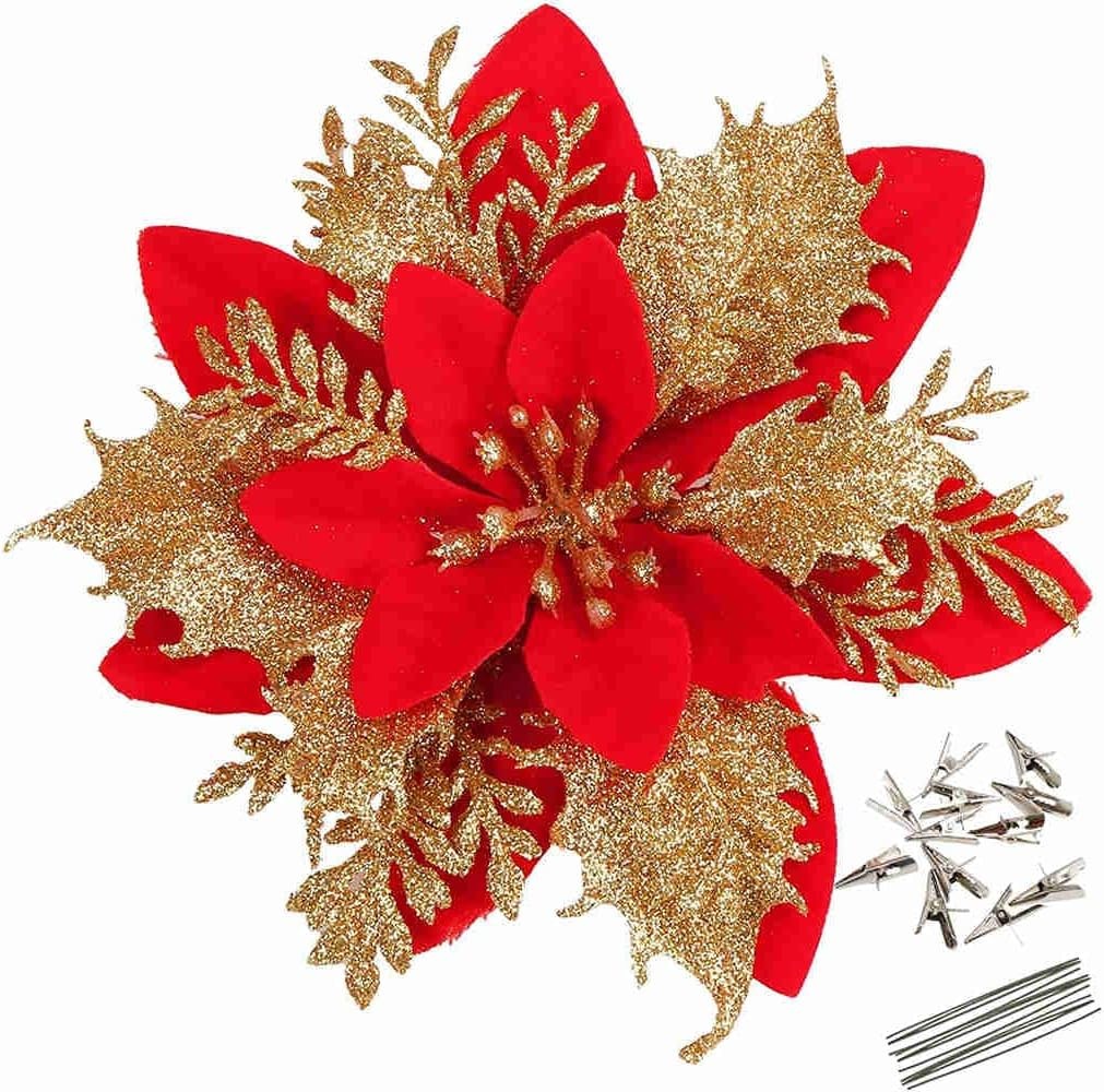 12 Pcs Glitter Poinsettia 5.5″ Artificial Flowers Christmas with Clips Stems …