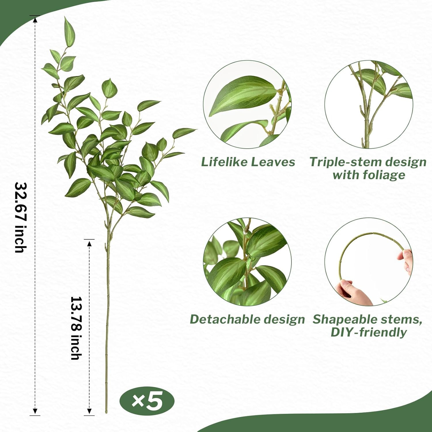 Waipfaru 5PCS Greenery Stems for Vases, 32.7 inch Artificial Eucalyptus Green Fa