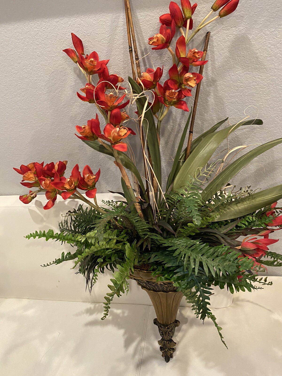 🔥X Large ⭐️Custom Tropical Silk Plant 🍃Red Orchid Flower🌺Floral In Gold Scone