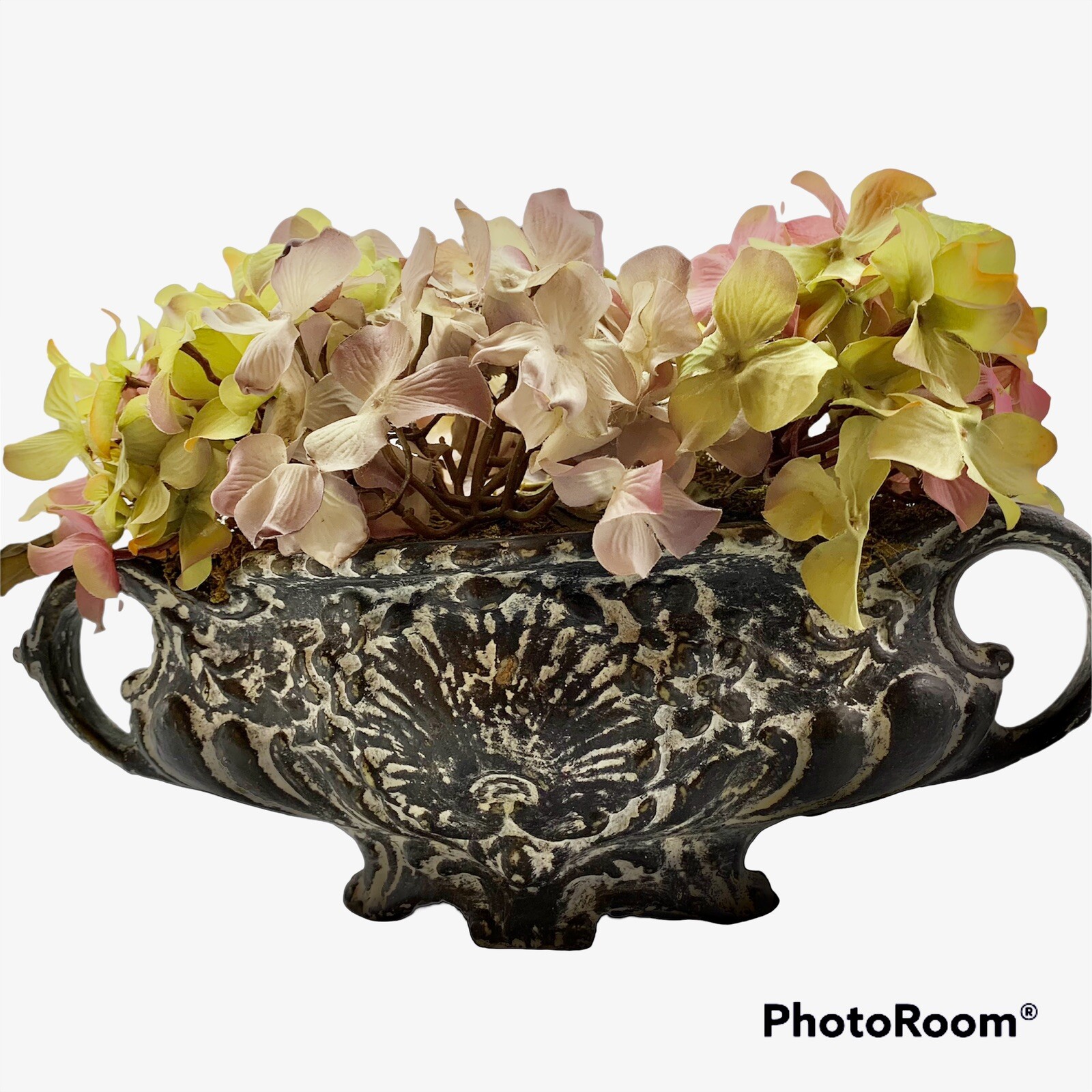 Faux Hydrangas Distressed Italianate Resin Urn 16x9x8”