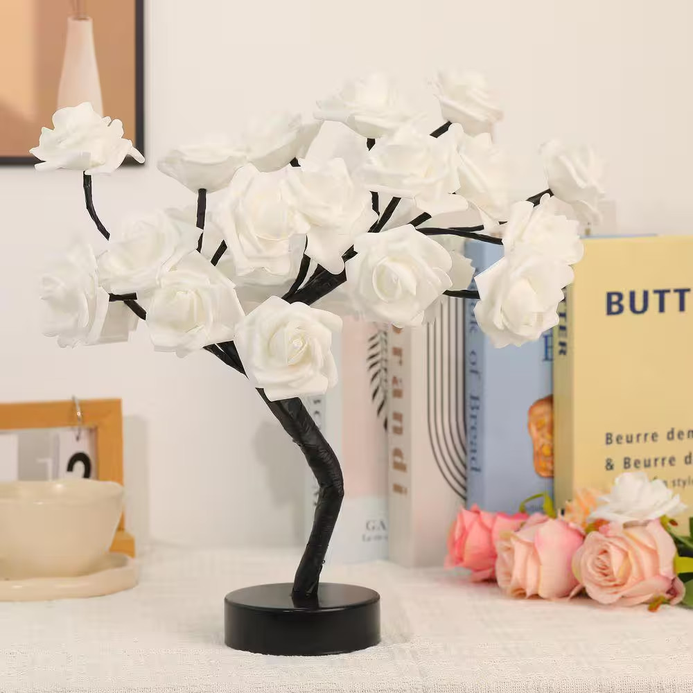 Artificial Rose Flower Tree LED Night Light Bonsai Style Tabletop Tree in Pot fo